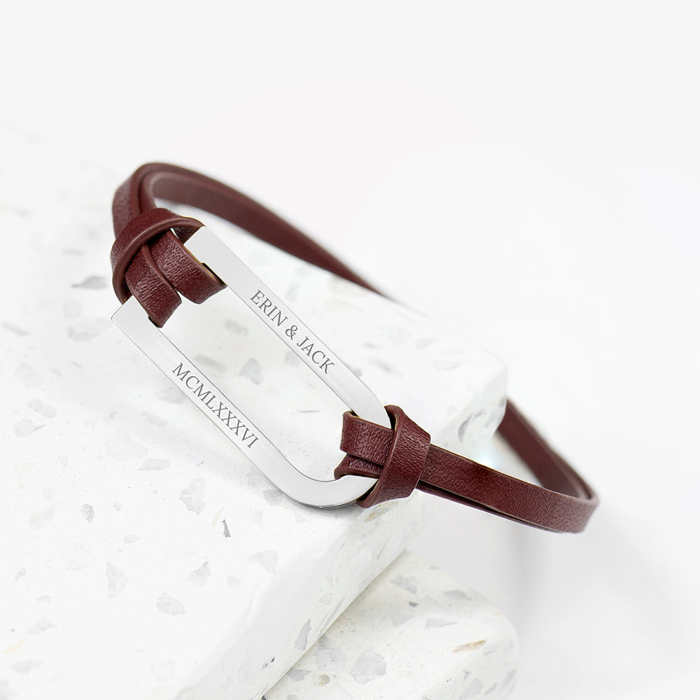 Personalised Men’s Shoreditch Silver Bar Leather Bracelets: 2 - Brown - Bracelets By Gift Moments
