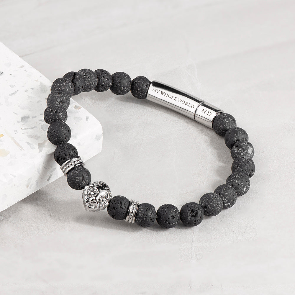 Personalised Men’s Silver Lion Black Beaded Bracelet: 1 - Bracelets By Gift Moments