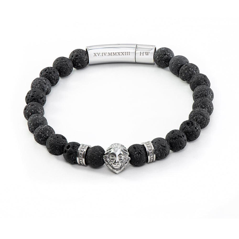 Personalised Men’s Silver Lion Black Beaded Bracelet: 6 - Bracelets By Gift Moments