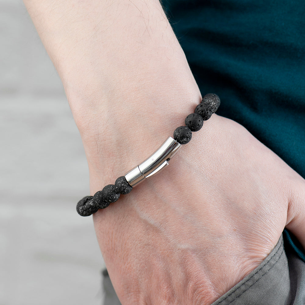 Personalised Men’s Silver Lion Black Beaded Bracelet: 3 - Bracelets By Gift Moments