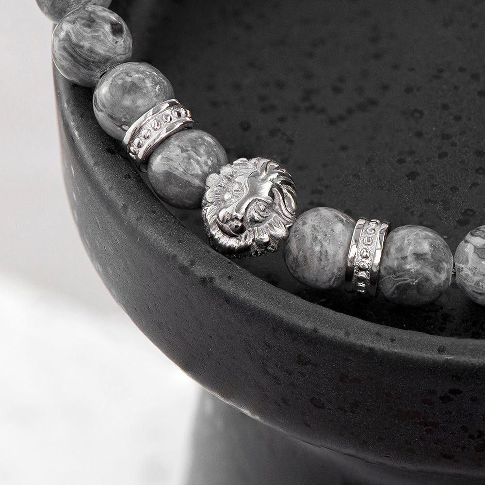 Personalised Men’s Silver Lion Jasper Stone Bracelet: 6 - Bracelets By Gift Moments
