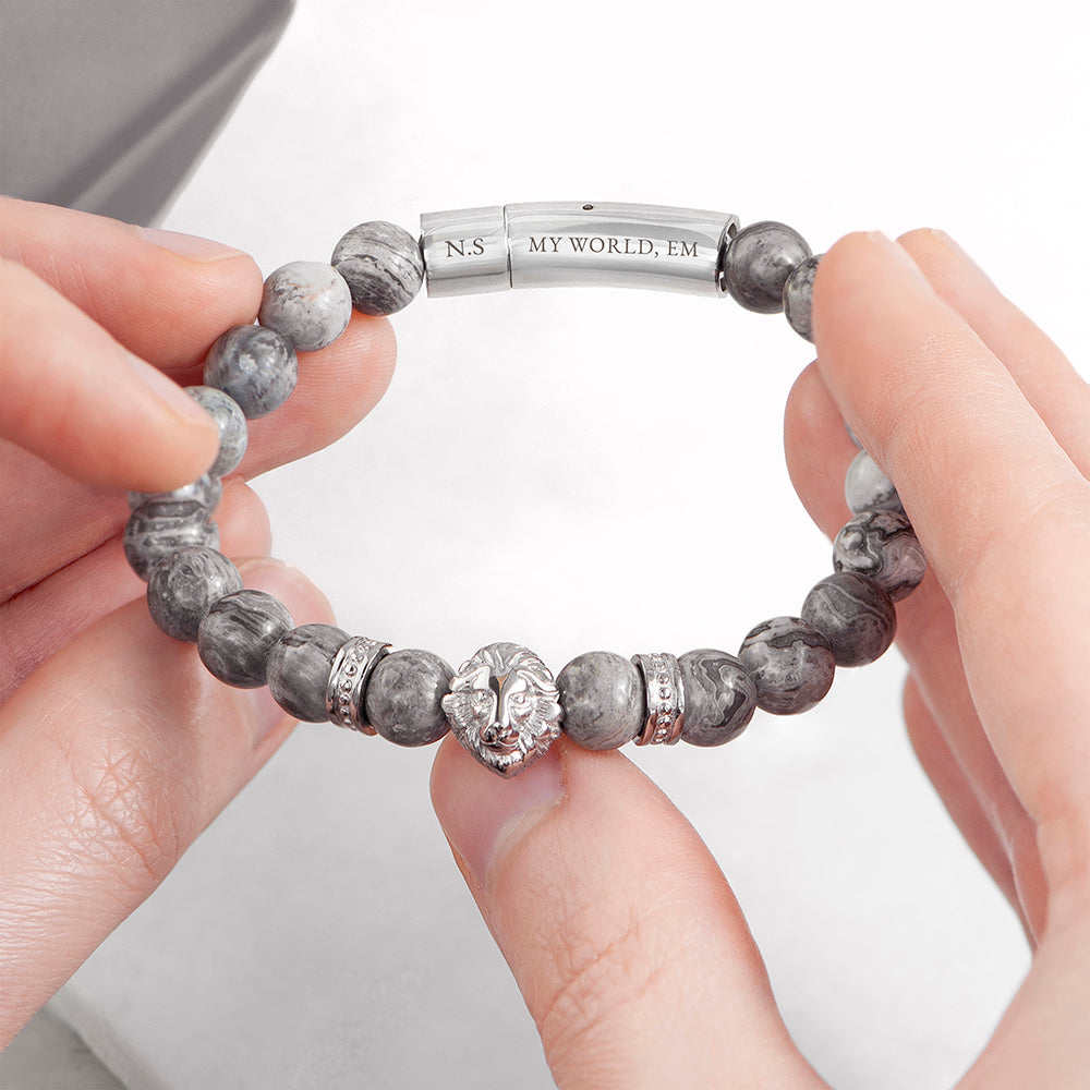 Personalised Men’s Silver Lion Jasper Stone Bracelet: 2 - Bracelets By Gift Moments