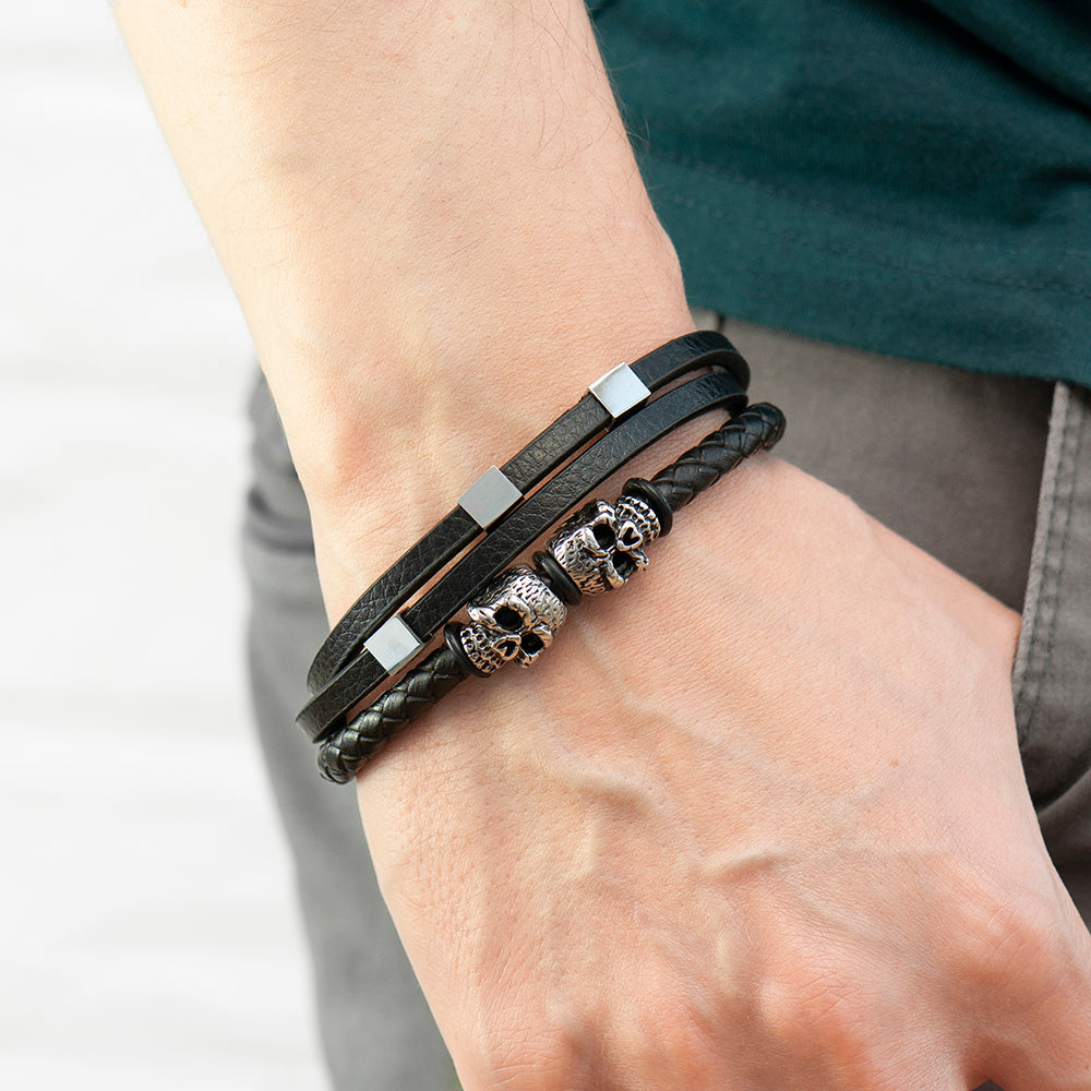 Personalised Men’s Skulls Leather Rope Bracelet: 2 - Bracelets By Gift Moments