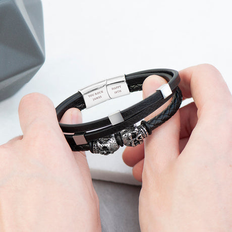 Personalised Men’s Skulls Leather Rope Bracelet: 1 - Bracelets By Gift Moments
