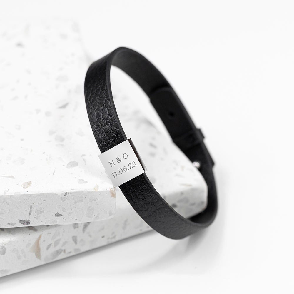 Personalised Men’s Soho Tag Message Leather Bracelets: 5 - Black - Bracelets By Gift Moments