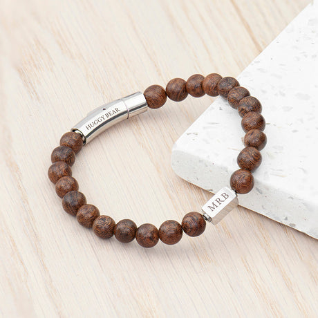 Personalised Men’s Wooden Beaded Bracelets: 2 - Silver - Bracelets By Gift Moments