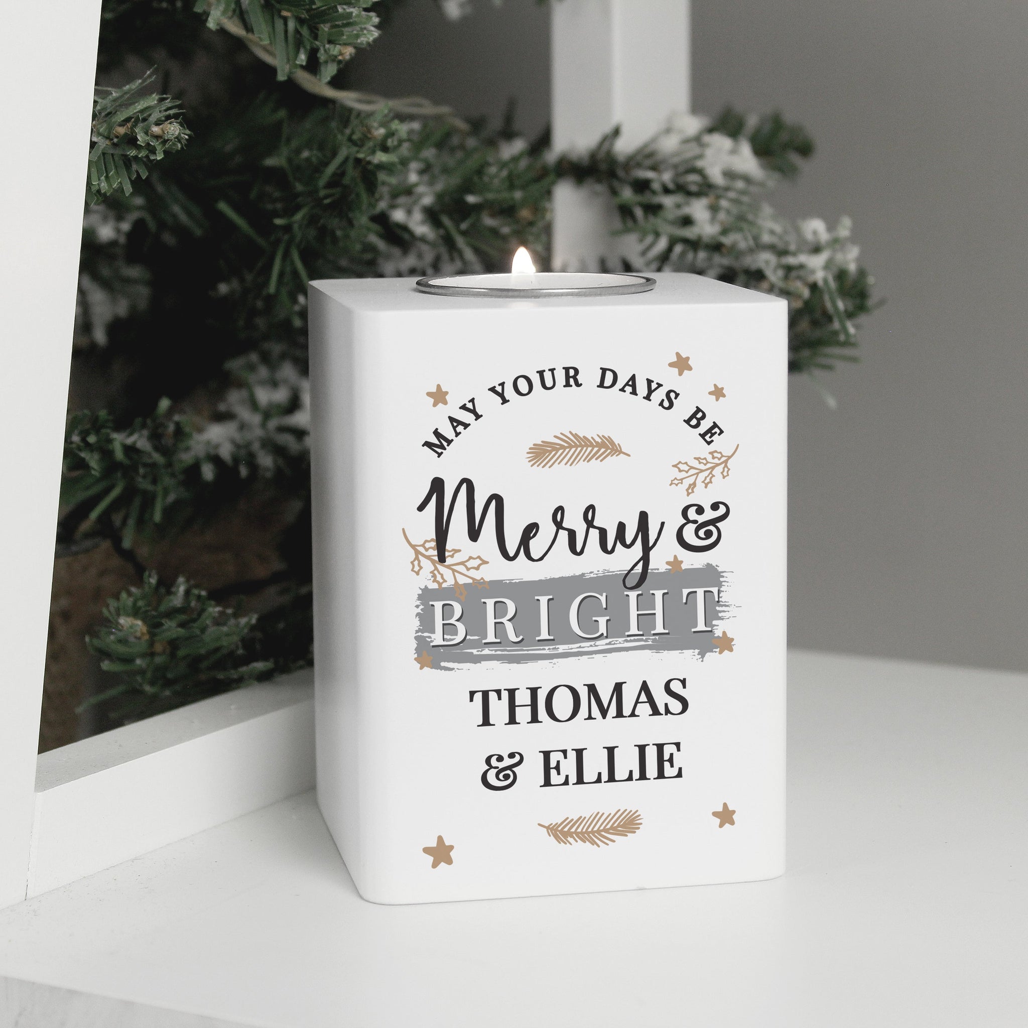 Personalised Merry & Bright White Wooden Tea light Holder: 1 - Candle Holders By Gift Moments