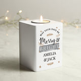 Personalised Merry & Bright White Wooden Tea light Holder: 3 - Candle Holders By Gift Moments