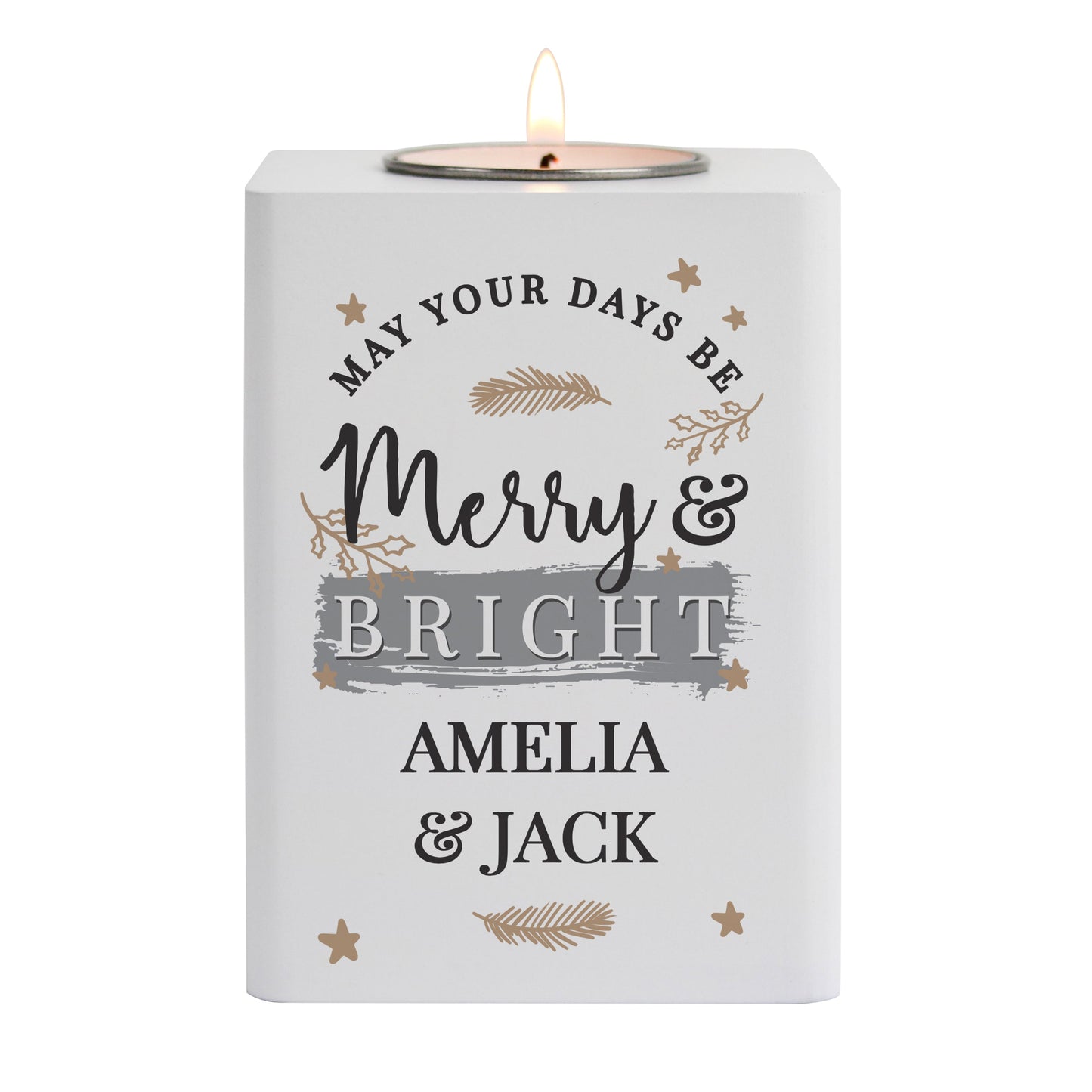 Personalised Merry & Bright White Wooden Tea light Holder: 4 - Candle Holders By Gift Moments