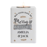 Personalised Merry & Bright White Wooden Tea light Holder: 4 - Candle Holders By Gift Moments