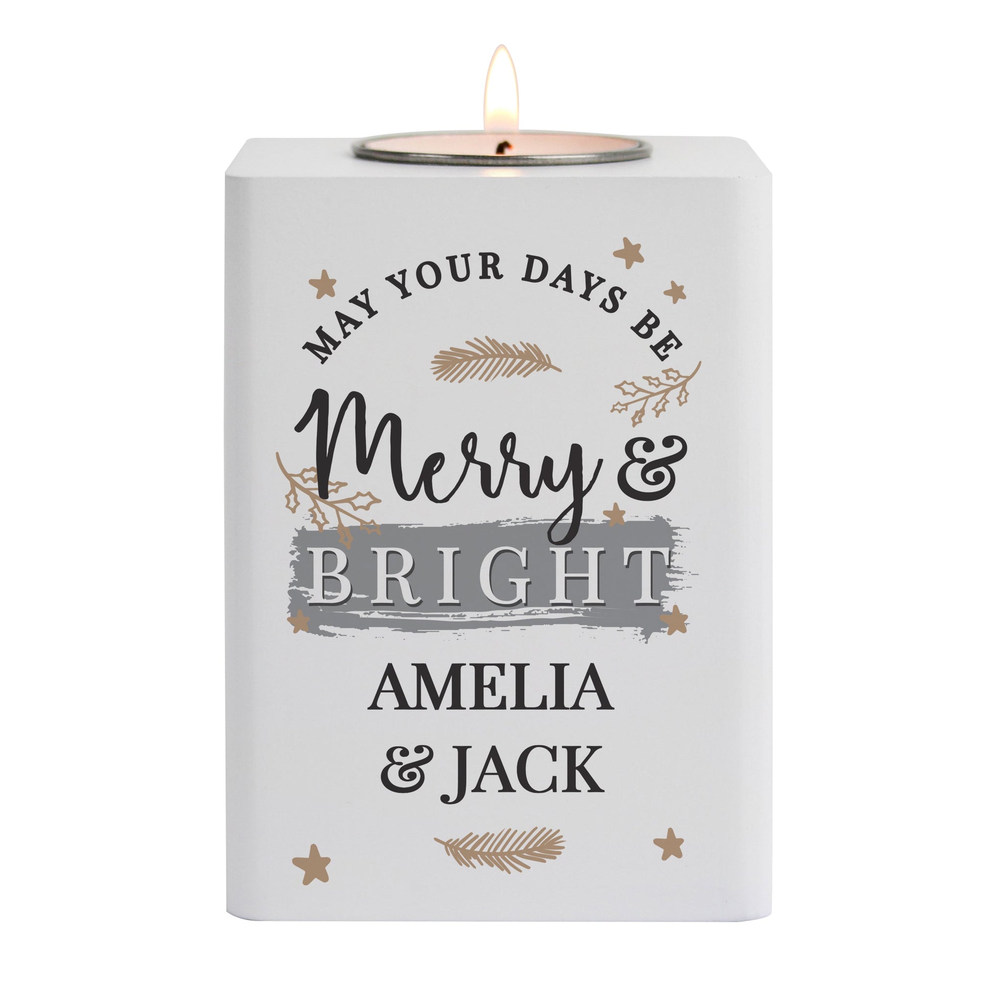 Personalised Merry & Bright White Wooden Tea light Holder: 4 - Candle Holders By Gift Moments