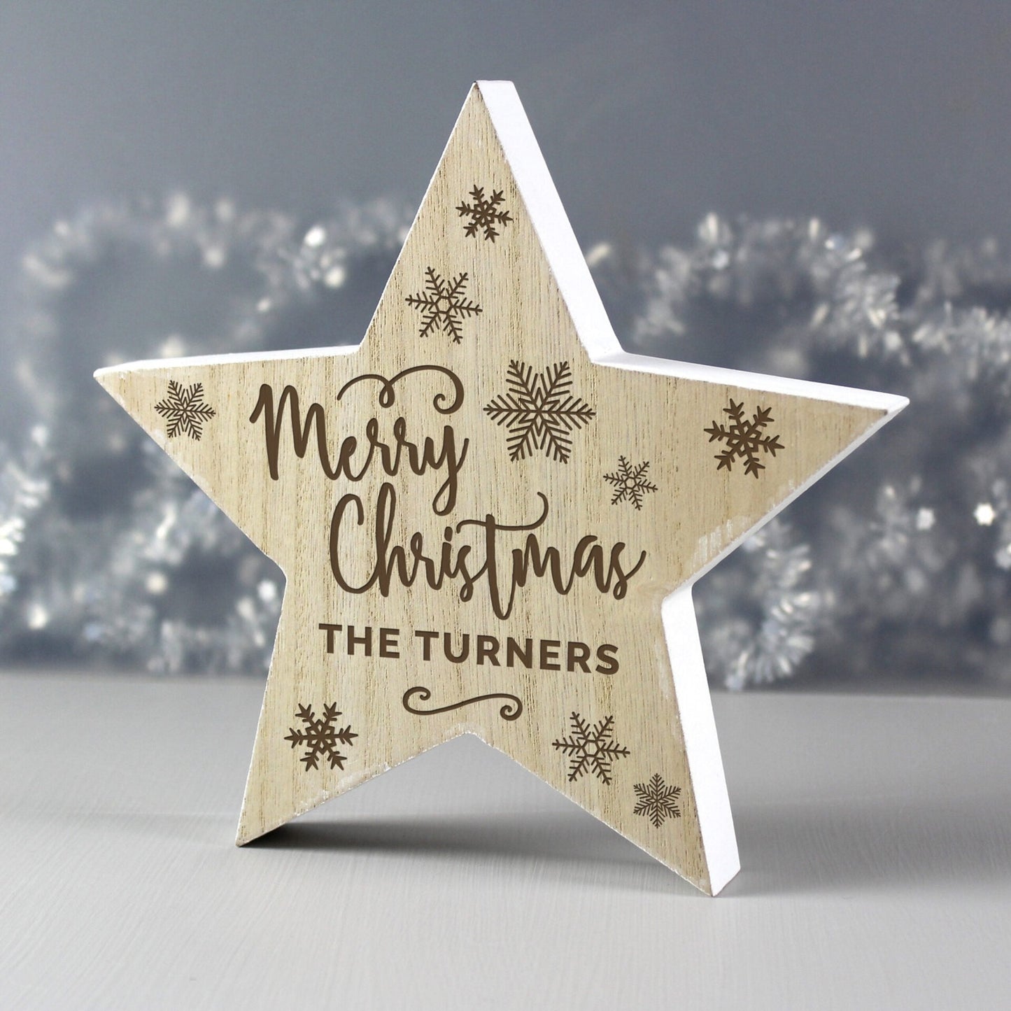 Personalised Merry Christmas Rustic Wooden Star Decoration: 2 - Christmas Decorations By Gift Moments