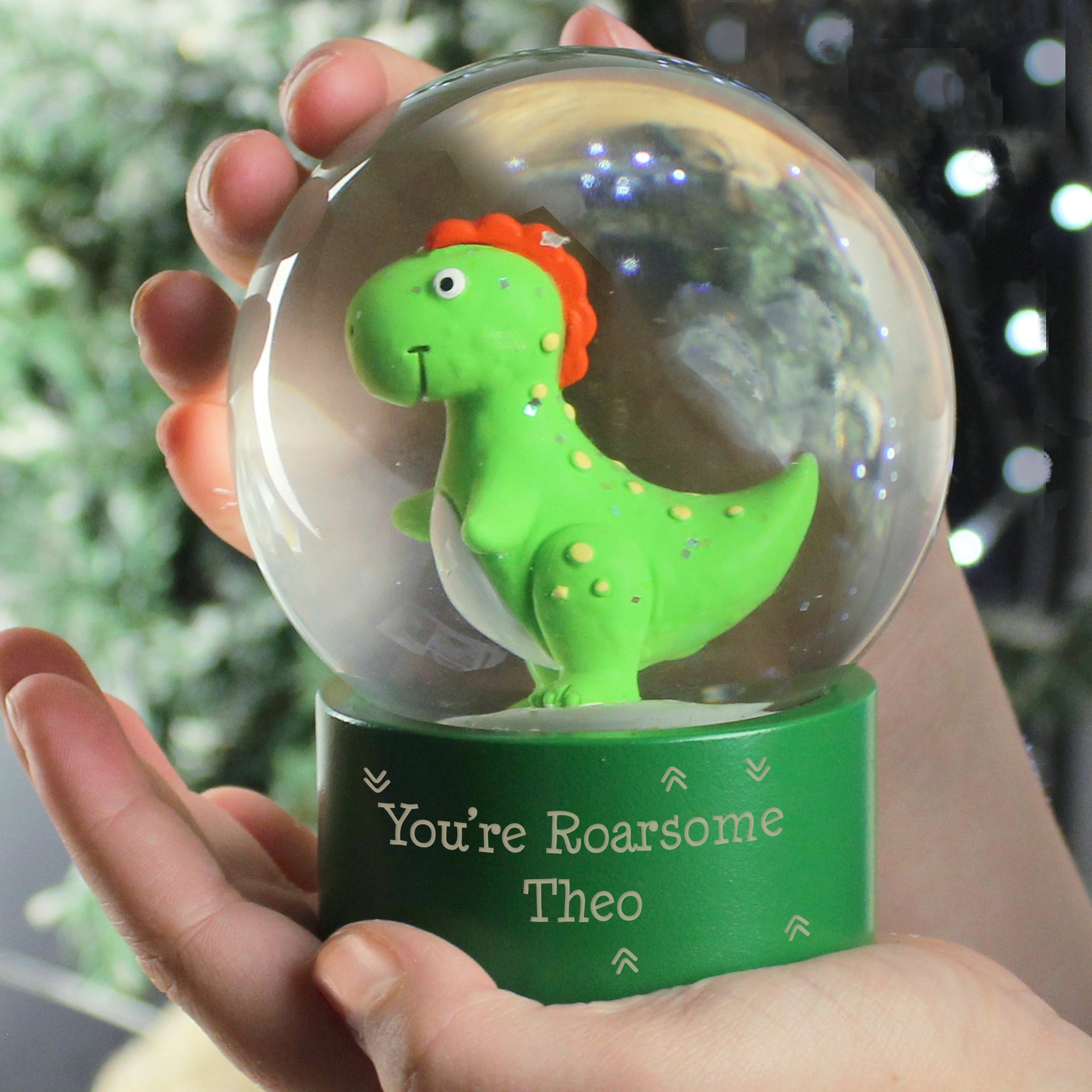 Personalised Message Dinosaur Glitter Snow Globe: 2 - Snow Globes By Gift Moments