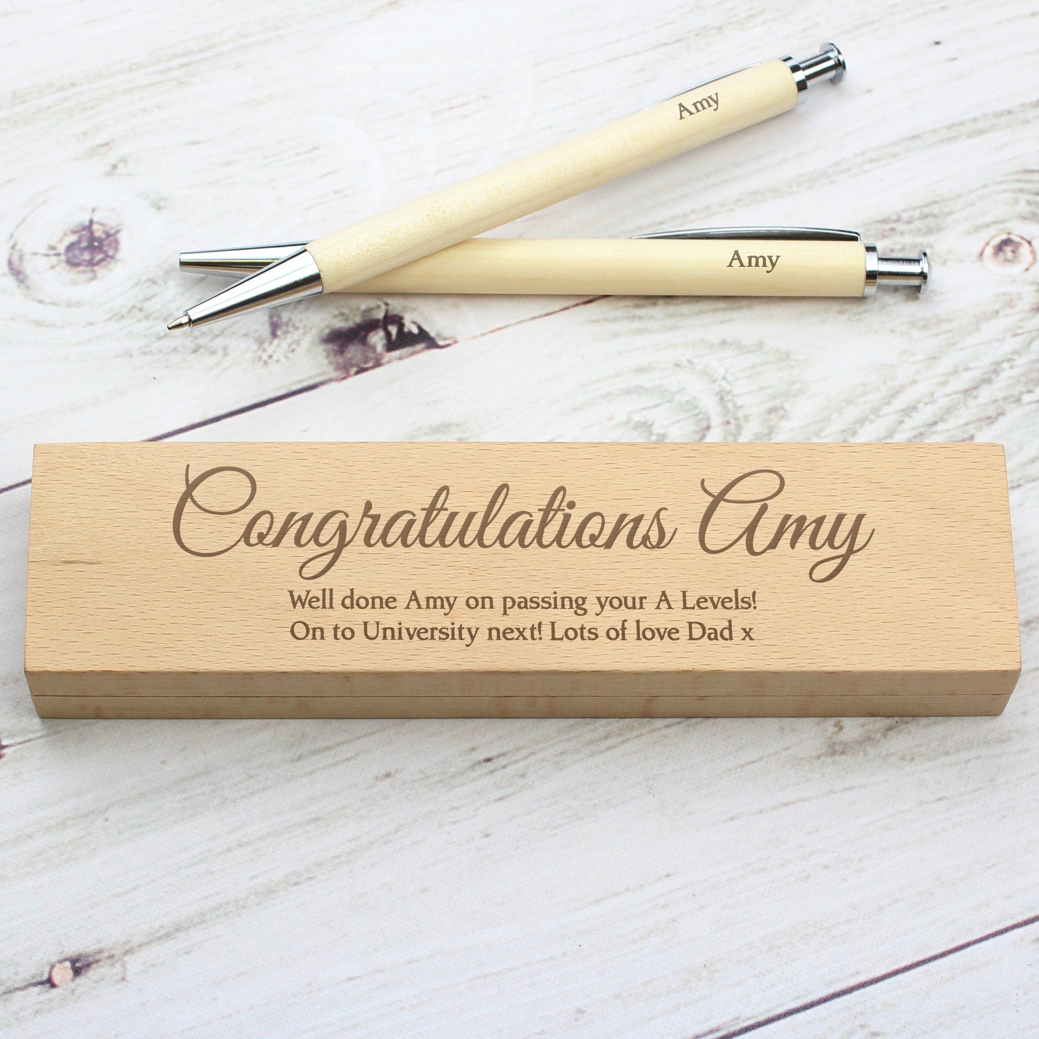 Personalised Any Message Wooden Pen & Pencil Box Set: 1 - Pens & Pencils By Gift Moments