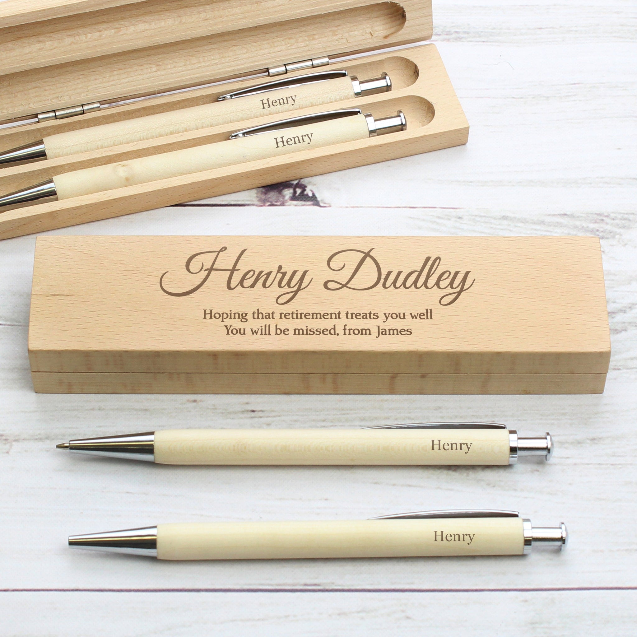 Personalised Any Message Wooden Pen & Pencil Box Set: 2 - Pens & Pencils By Gift Moments
