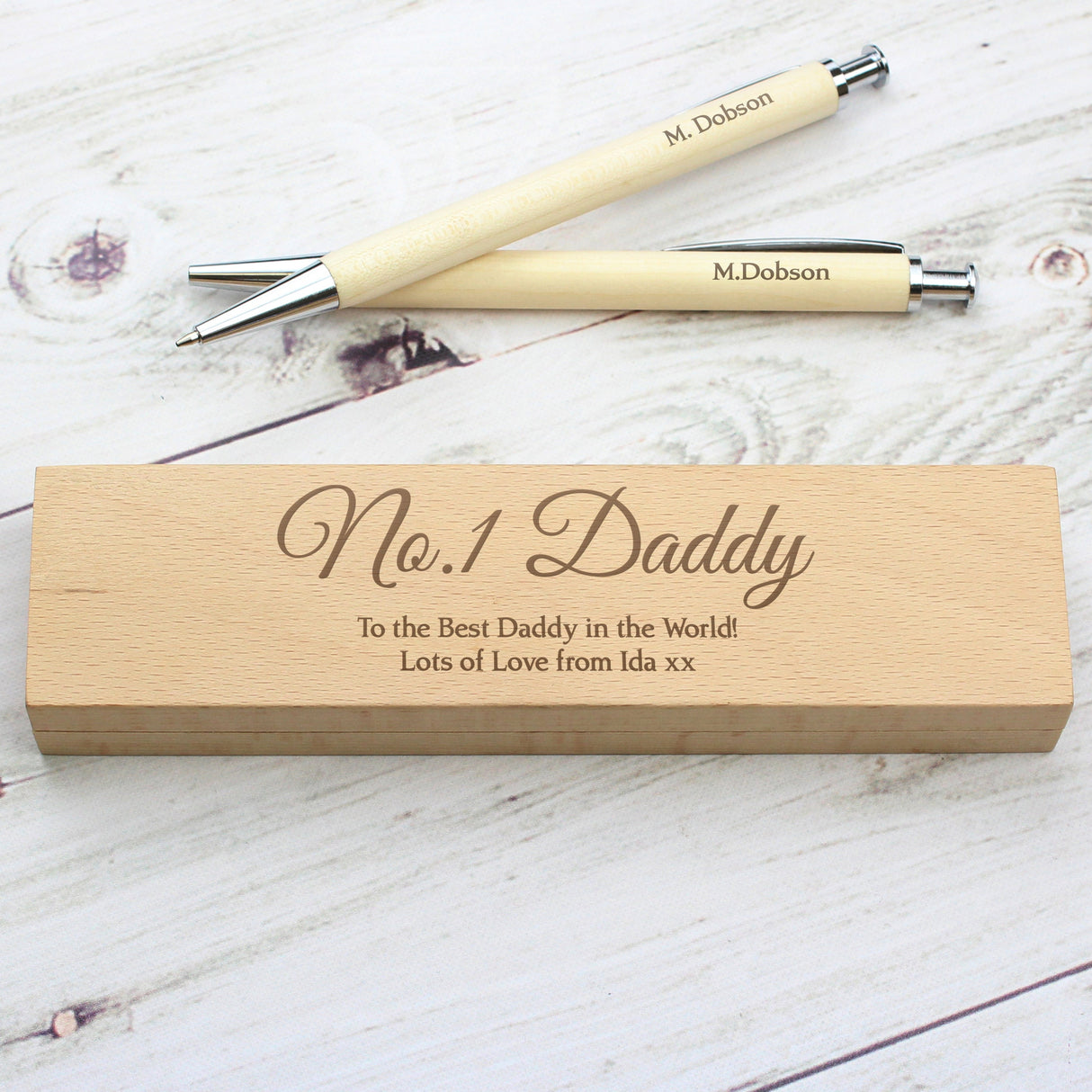 Personalised Any Message Wooden Pen & Pencil Box Set: 4 - Pens & Pencils By Gift Moments