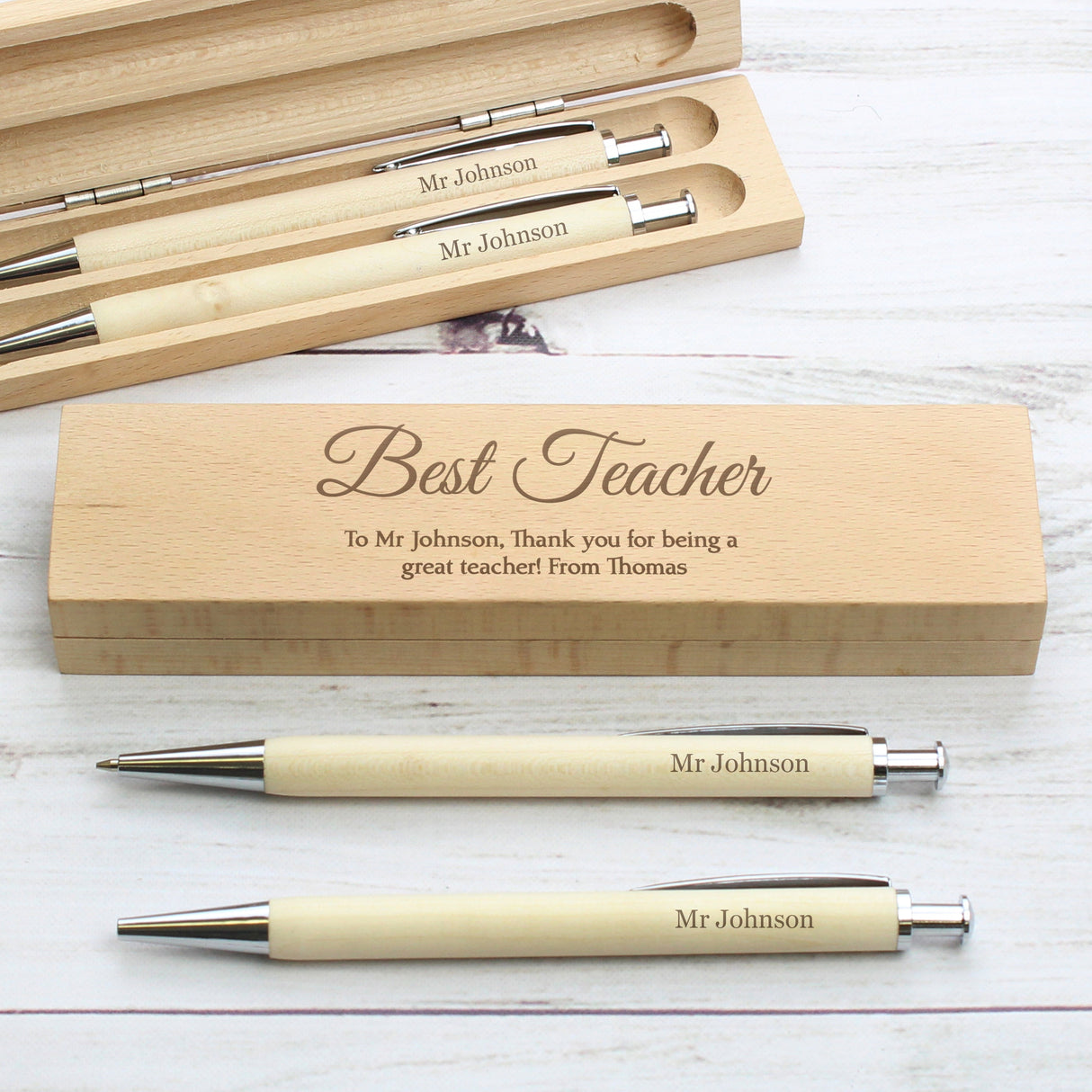 Personalised Any Message Wooden Pen & Pencil Box Set: 9 - Pens & Pencils By Gift Moments