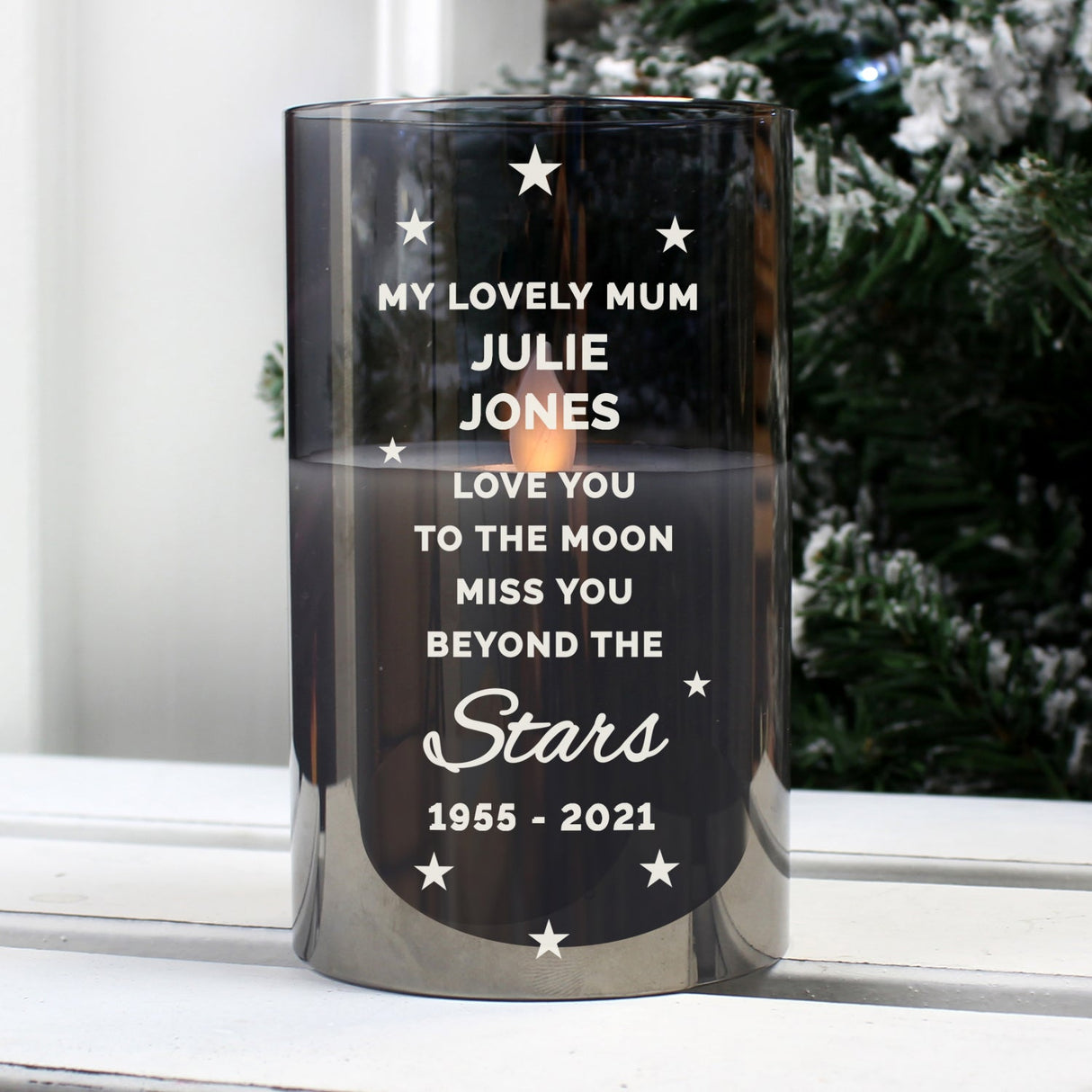 Personalised Miss You Beyond The Stars Smoked Glass LED Candle: 1 - LED Lighting By Gift Moments