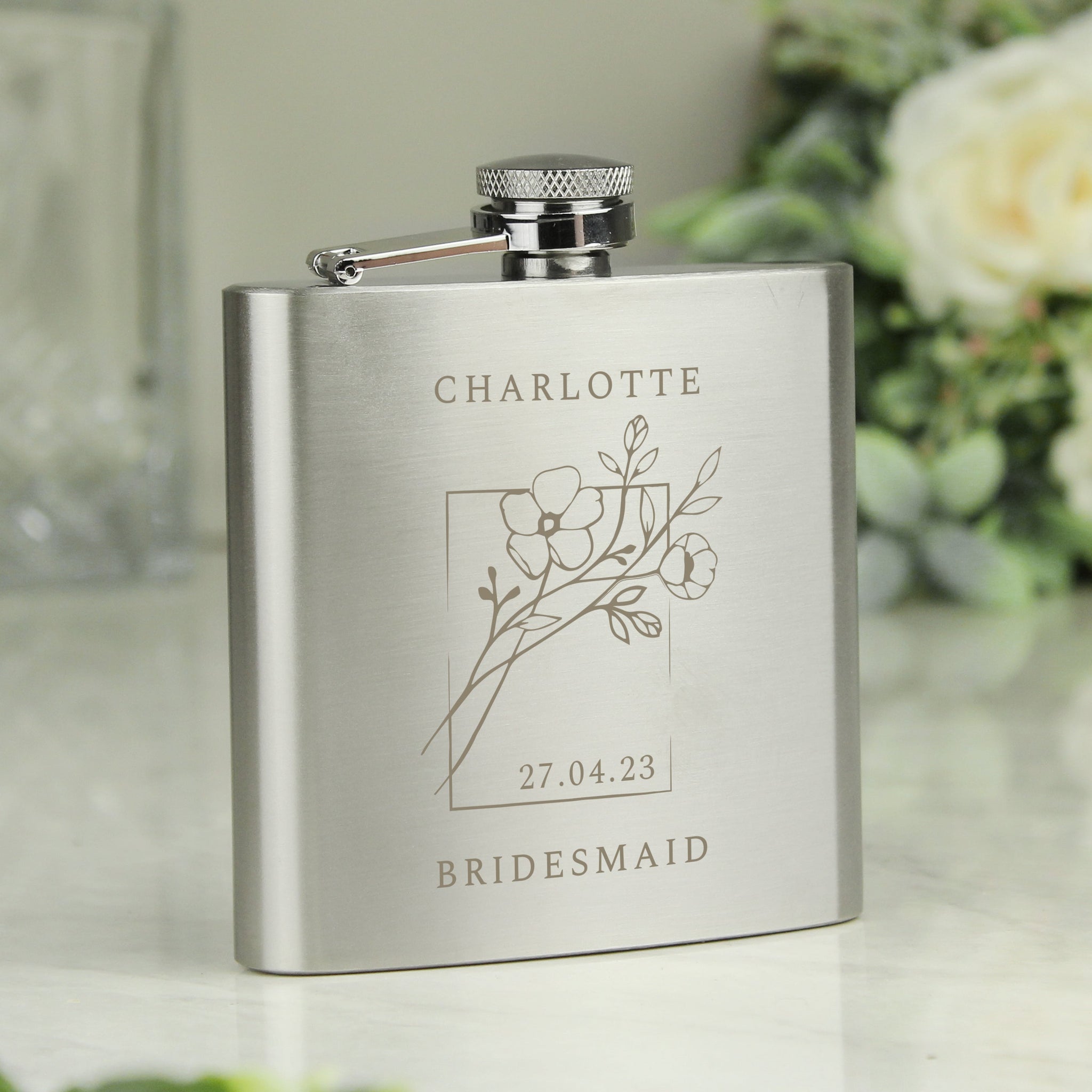 Personalised Monochrome Floral Hip Flask: 1 - Hip Flasks By Gift Moments