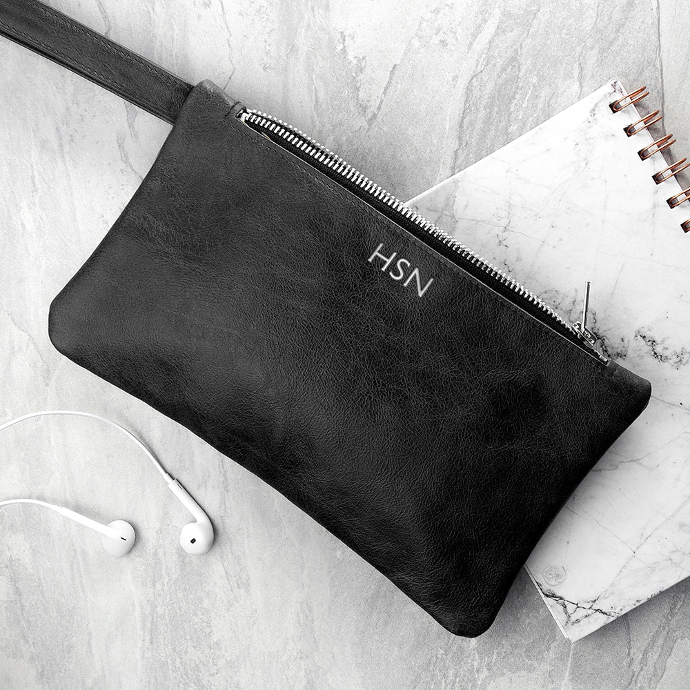 Personalised Monogram Black Leather Clutch Bag: 1 - Silver - Bags & Purses By Gift Moments