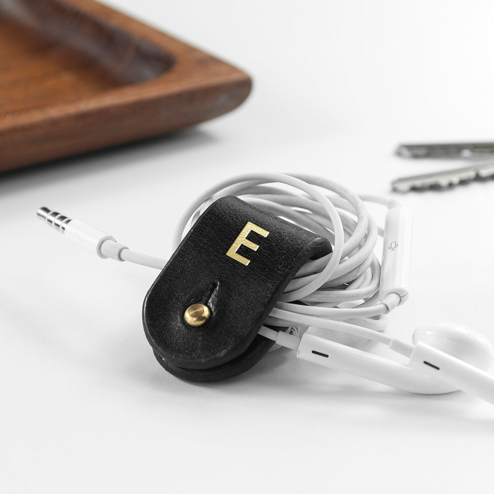 Personalised Monogrammed Leather Earphones Holders: 1 - Black - Tech Accessories By Gift Moments