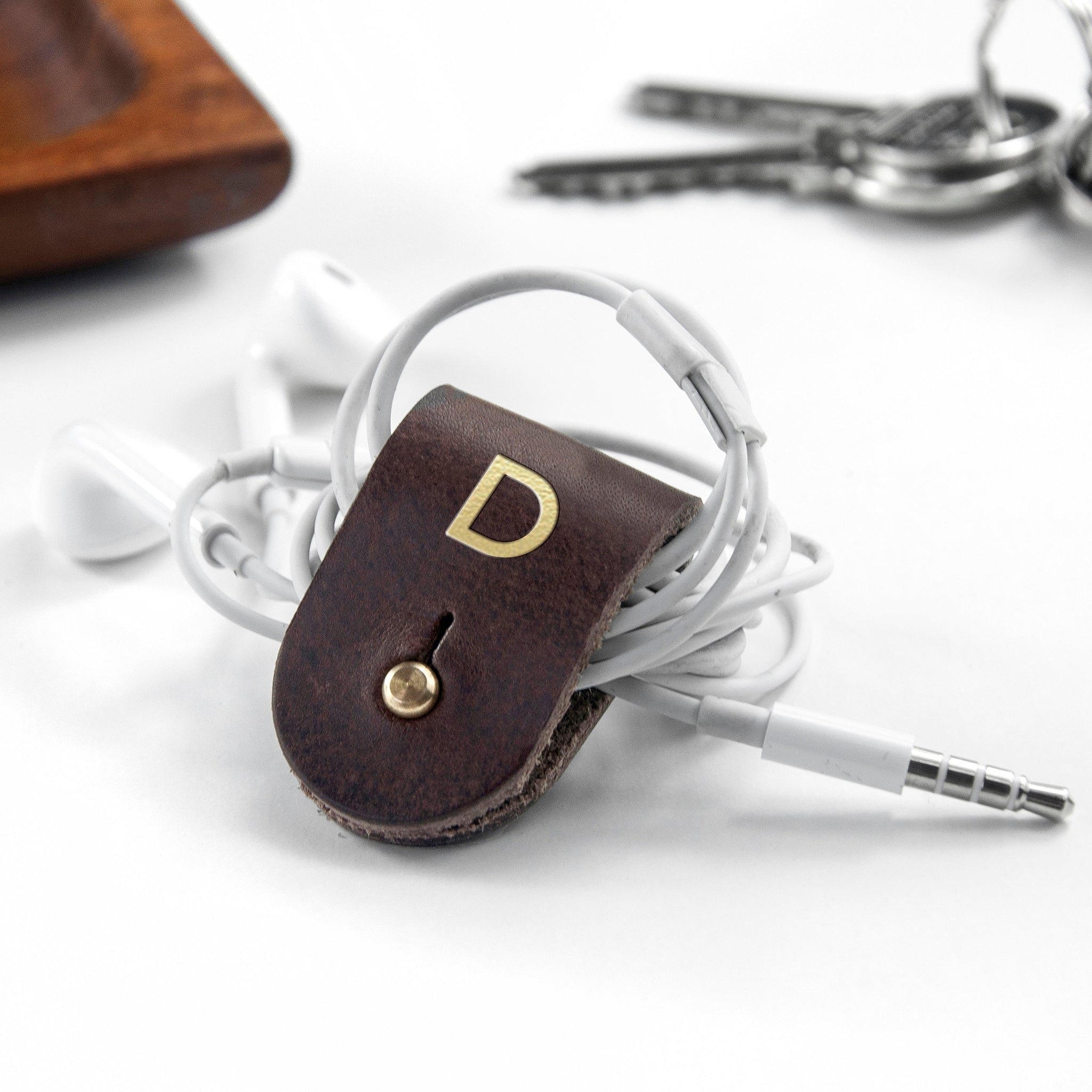 Personalised Monogrammed Leather Earphones Holders: 3 - Brown - Tech Accessories By Gift Moments