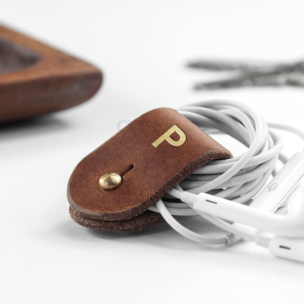 Personalised Monogrammed Leather Earphones Holders: 2 - Tan - Tech Accessories By Gift Moments