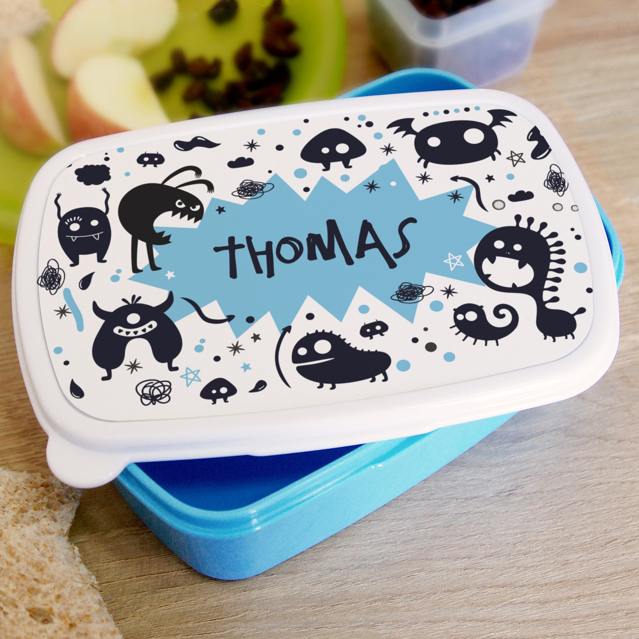 Personalised Monsters Name Only Blue Lunch Box: 2 - Lunch Boxes & Bags By Gift Moments