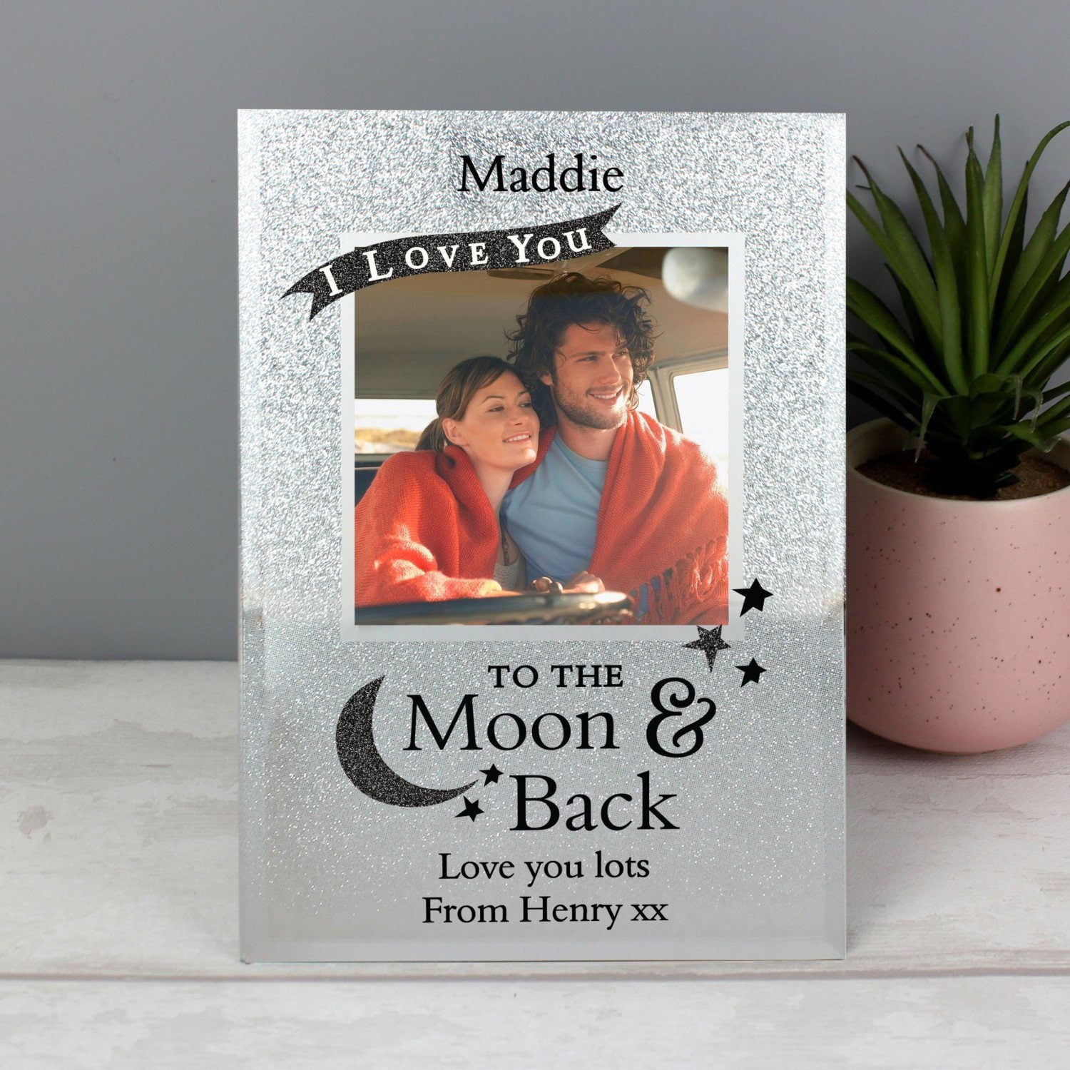Personalised To the Moon and Back 4x4 Glitter Glass Photo Frame: 2 - Photo Frames By Gift Moments