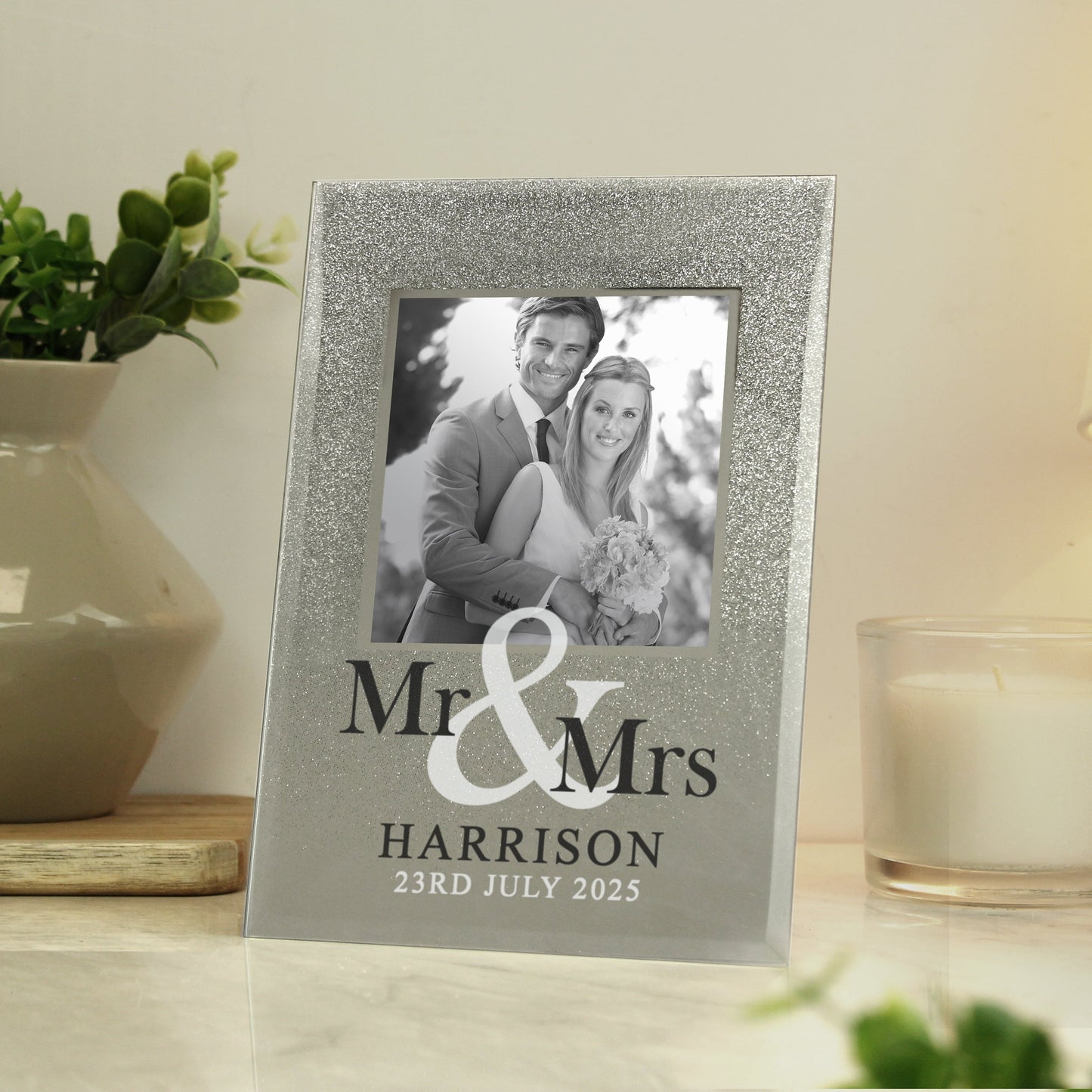 Personalised Mr & Mrs 4x4 Glitter Glass Photo Frame: 2 - Photo Frames By Gift Moments