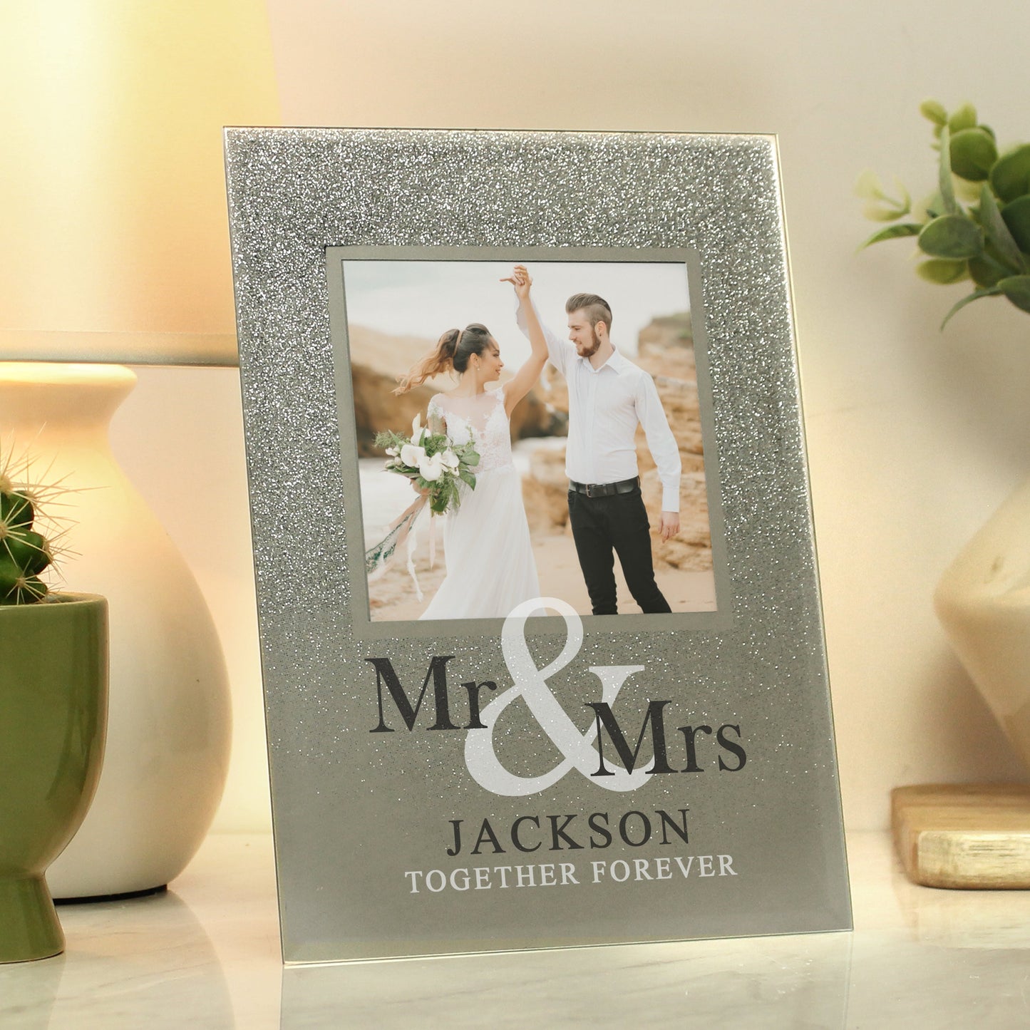 Personalised Mr & Mrs 4x4 Glitter Glass Photo Frame: 4 - Photo Frames By Gift Moments
