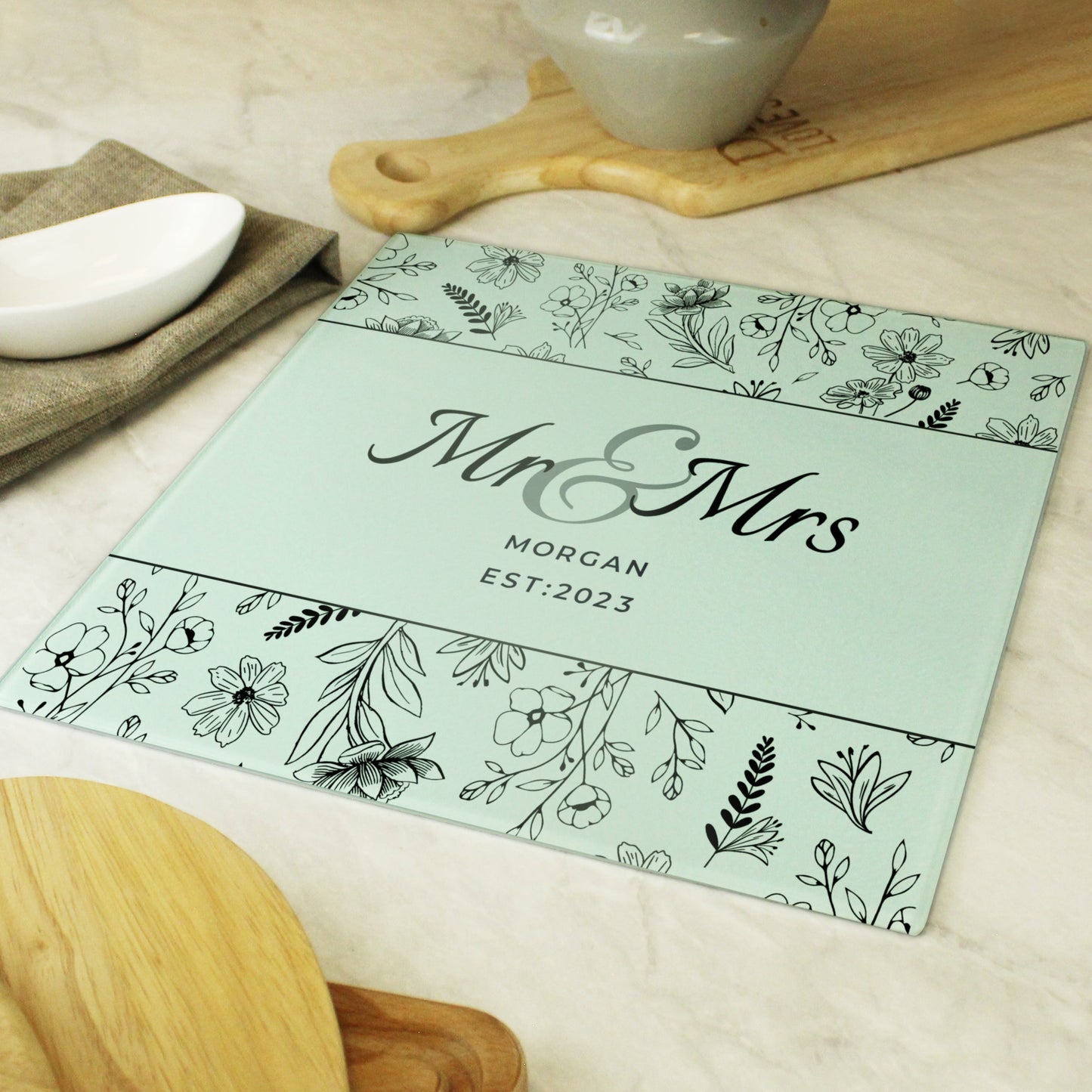 Personalised Mr & Mrs Botanical Glass Chopping Board/Worktop Saver: 1 - Chopping Boards By Gift Moments