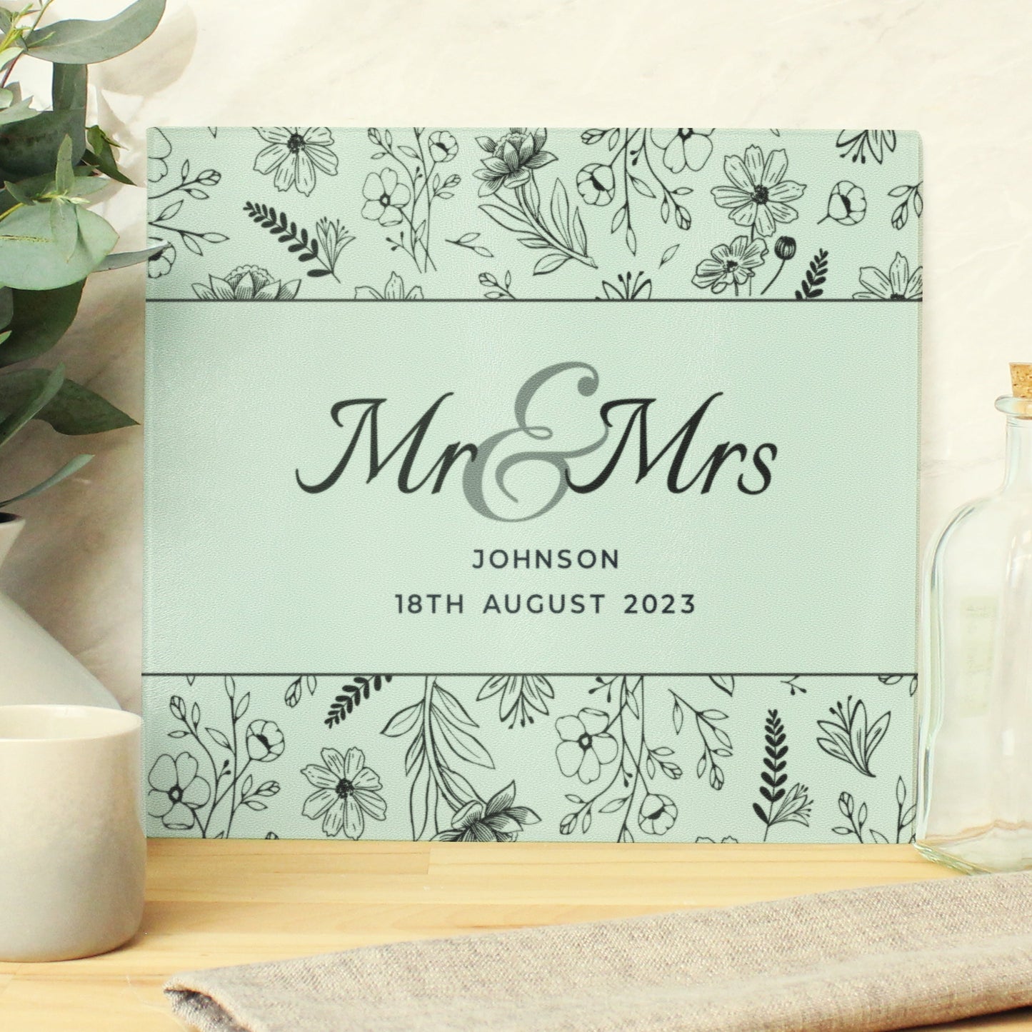 Personalised Mr & Mrs Botanical Glass Chopping Board/Worktop Saver: 2 - Chopping Boards By Gift Moments