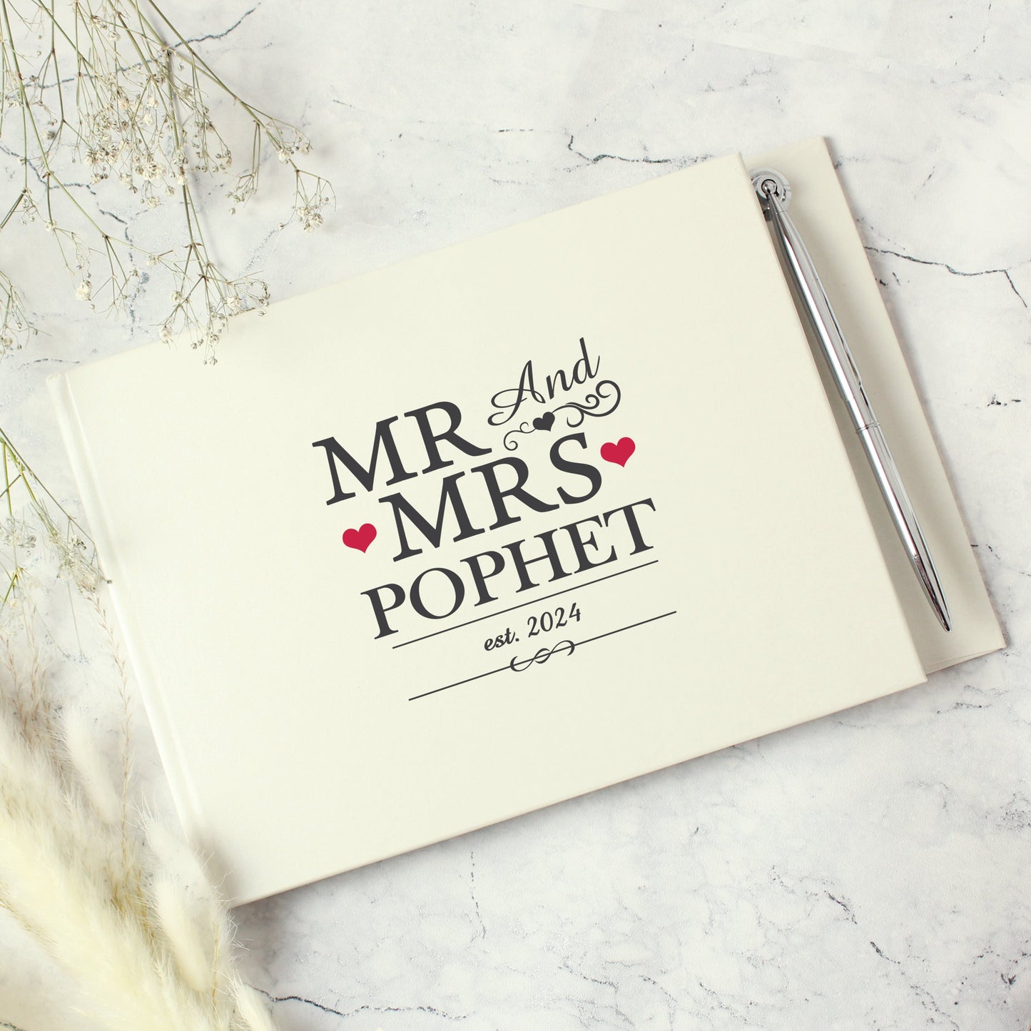 Personalised Mr & Mrs Hardback Guest Book & Pen: 5 - Guest Books By Gift Moments