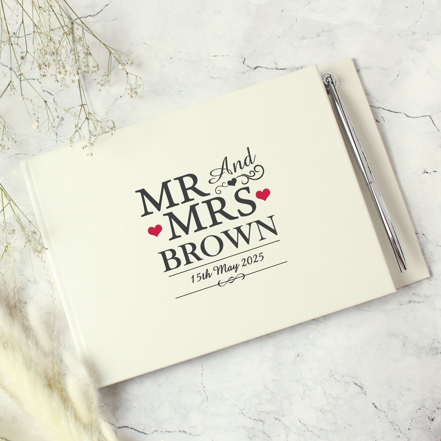Personalised Mr & Mrs Hardback Guest Book & Pen: 2 - Guest Books By Gift Moments