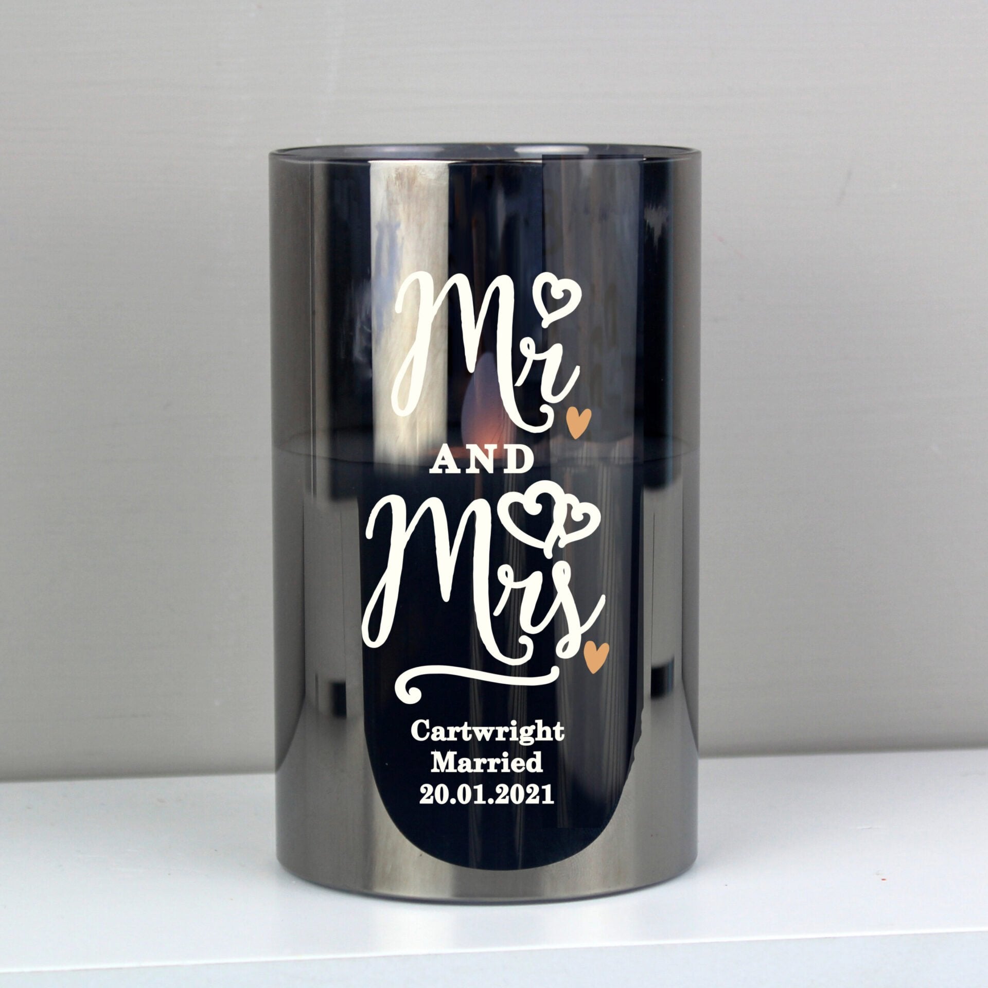 Personalised Mr & Mrs Smoked Glass LED Candle: 2 - LED Lighting By Gift Moments