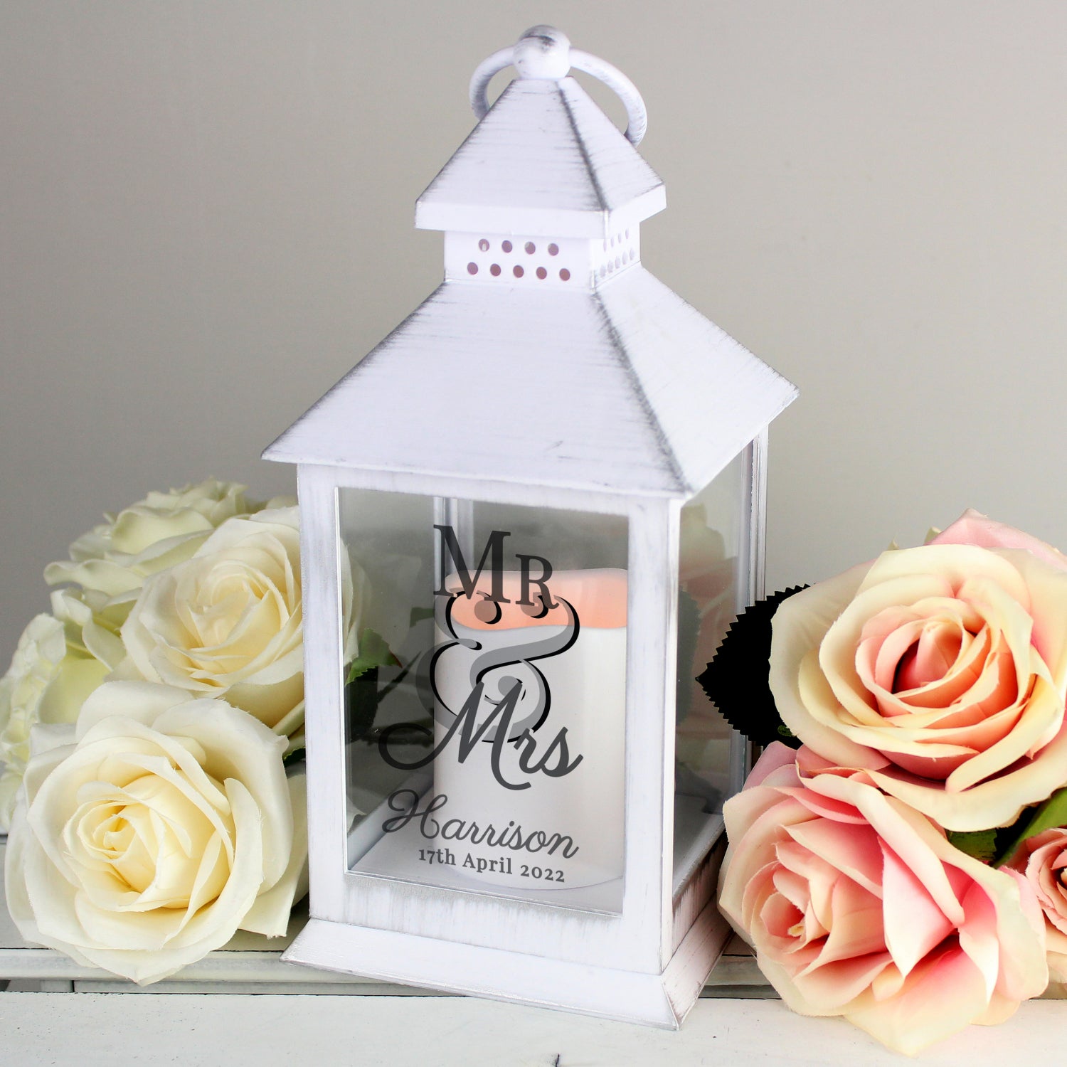 Personalised Mr & Mrs White Lantern: 2 - LED Lighting By Gift Moments