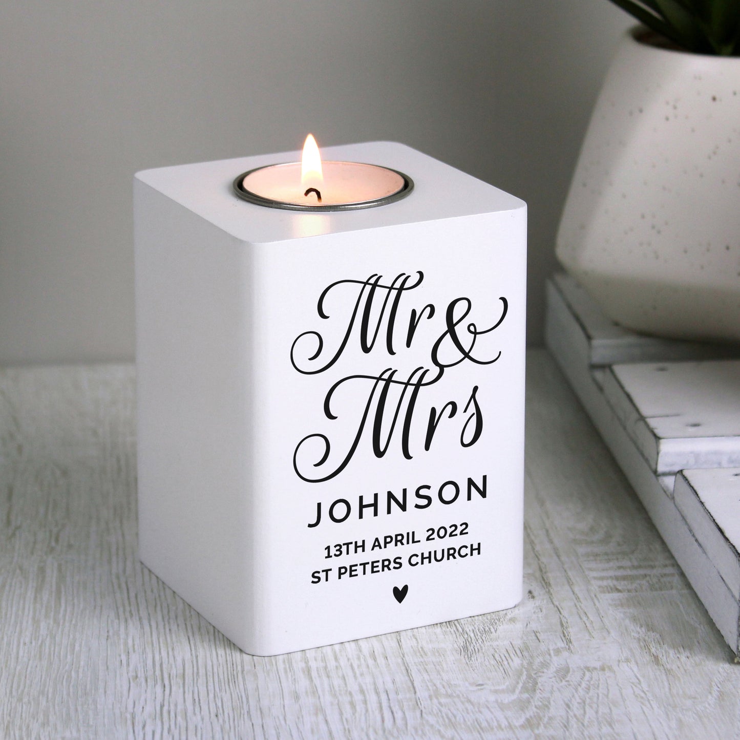 Personalised Mr & Mrs White Wooden Tea light Holder: 1 - Candle Holders By Gift Moments