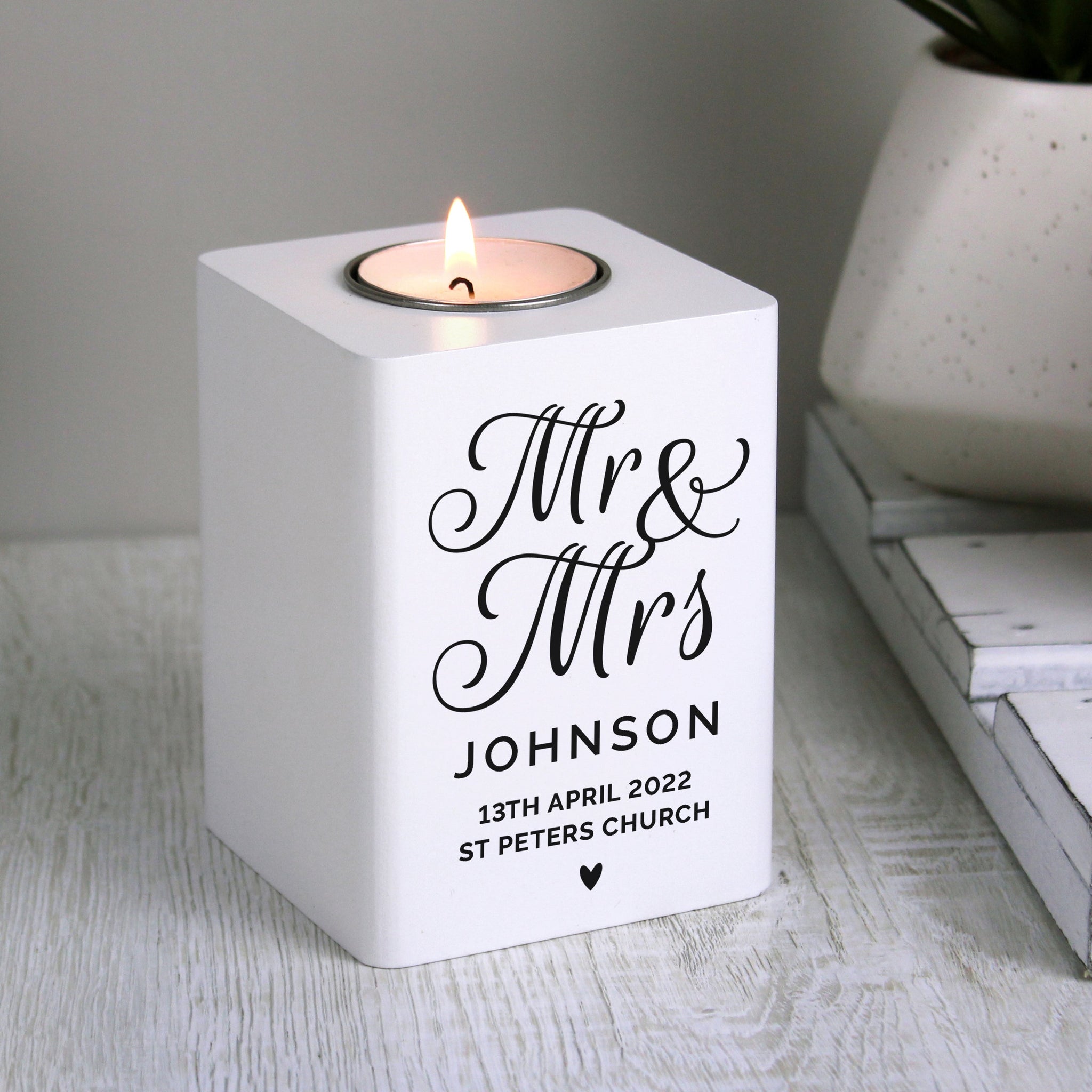 Personalised Mr & Mrs White Wooden Tea light Holder: 1 - Candle Holders By Gift Moments