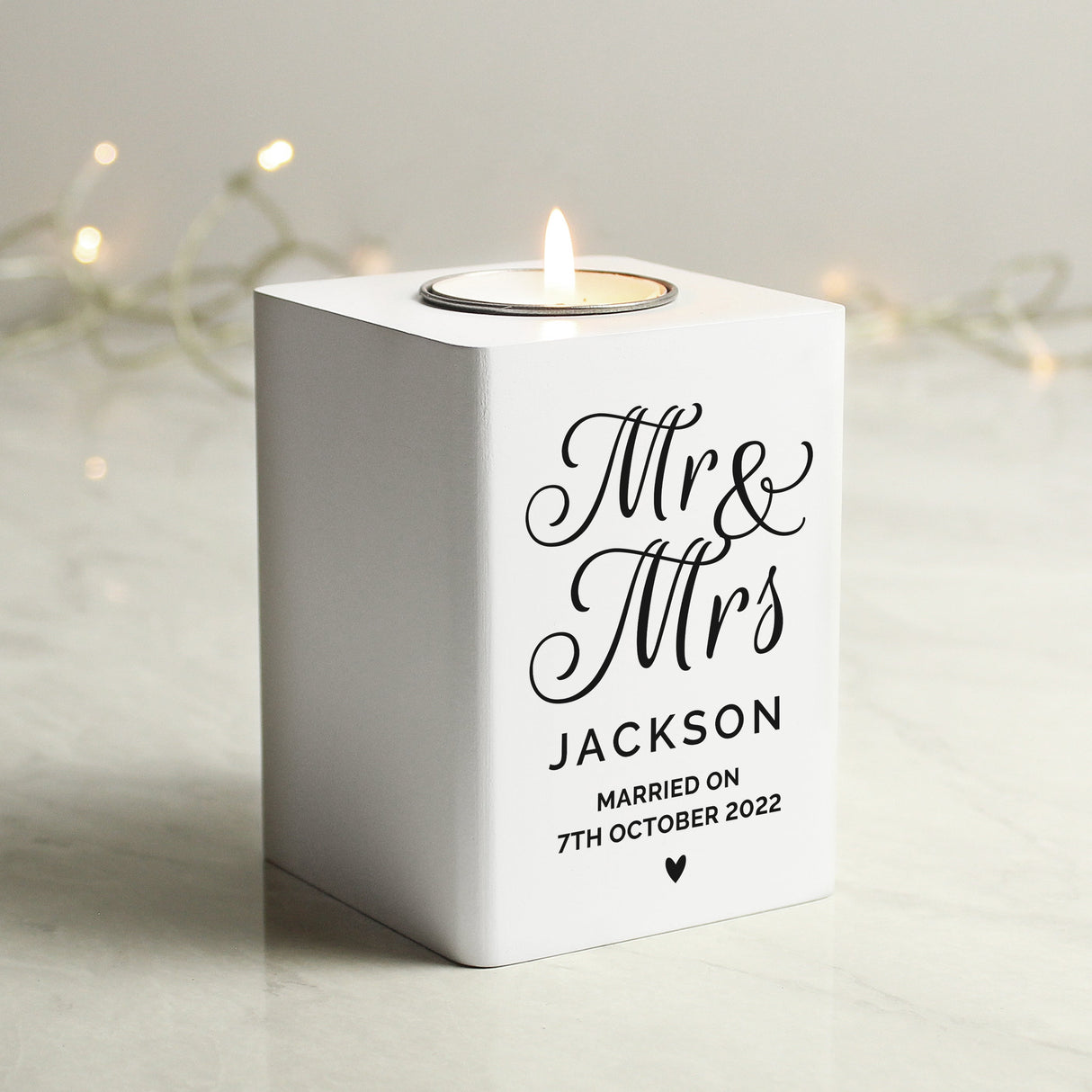 Personalised Mr & Mrs White Wooden Tea light Holder: 2 - Candle Holders By Gift Moments