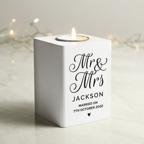 Personalised Mr & Mrs White Wooden Tea light Holder: 2 - Candle Holders By Gift Moments
