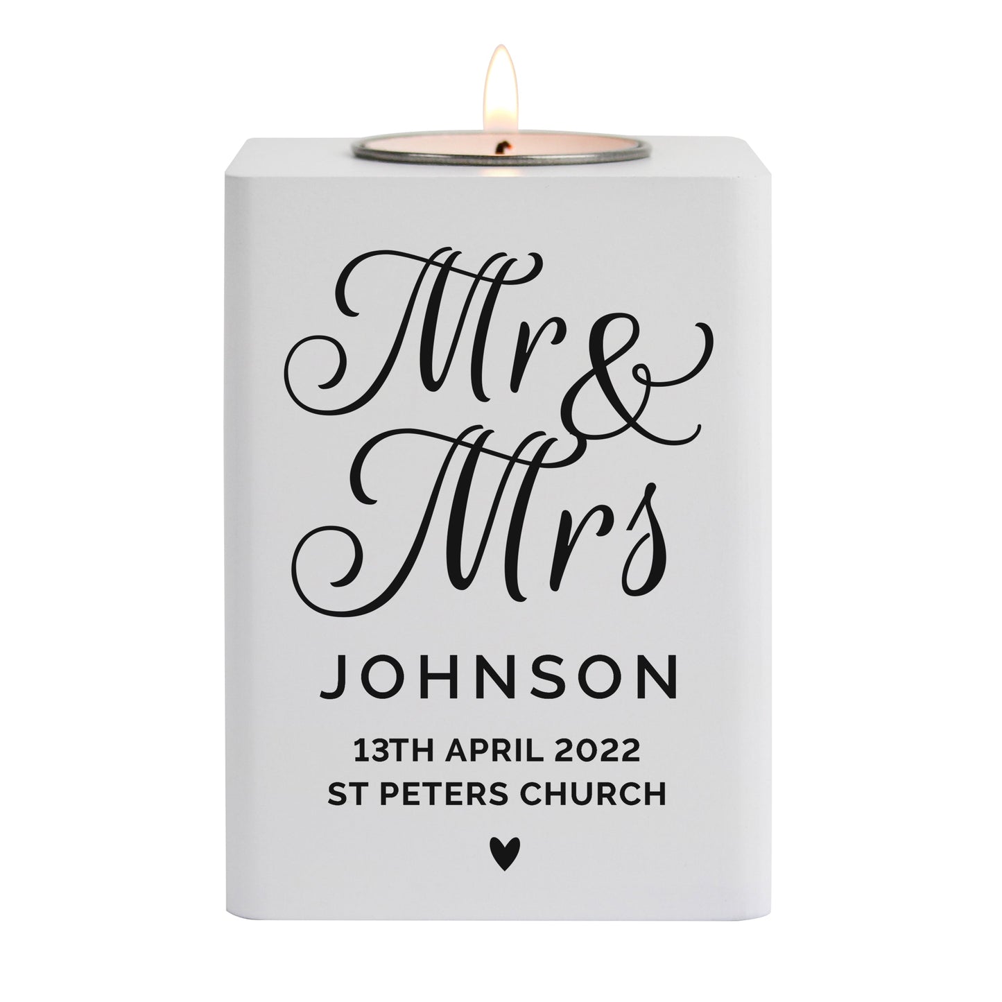 Personalised Mr & Mrs White Wooden Tea light Holder: 4 - Candle Holders By Gift Moments