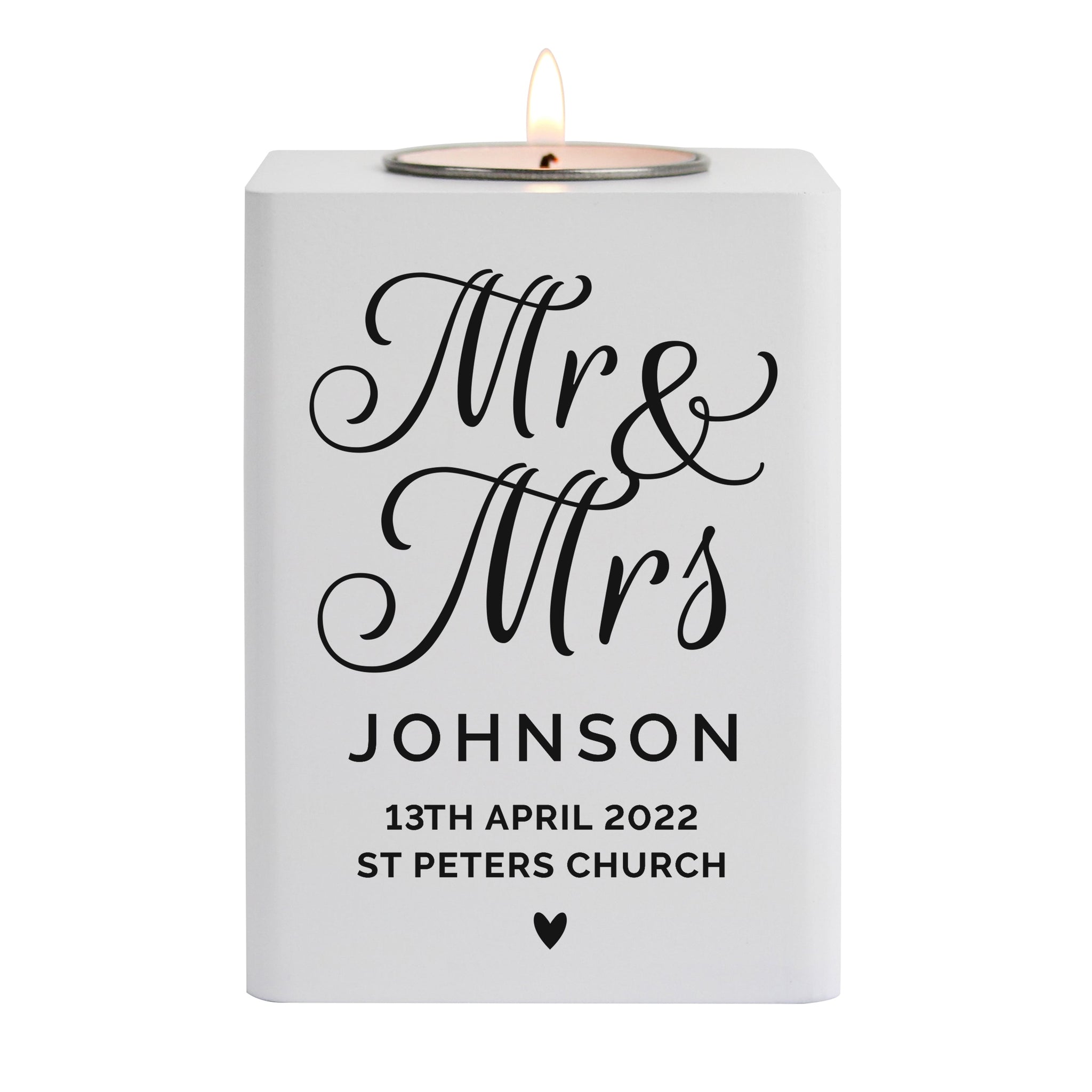 Personalised Mr & Mrs White Wooden Tea light Holder: 4 - Candle Holders By Gift Moments