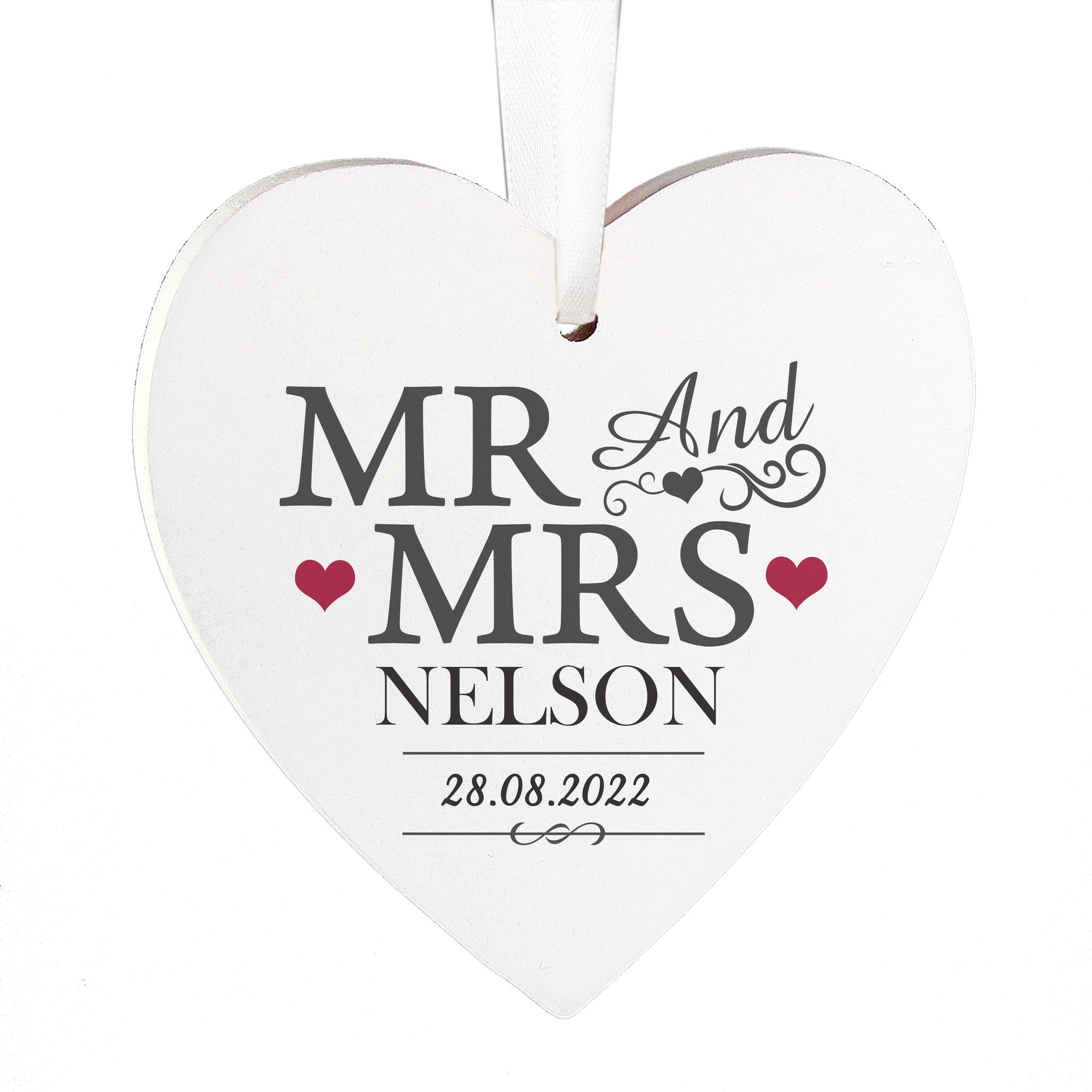 Personalised Mr & Mrs Wooden Heart Decoration: 3 - Decorations By Gift Moments