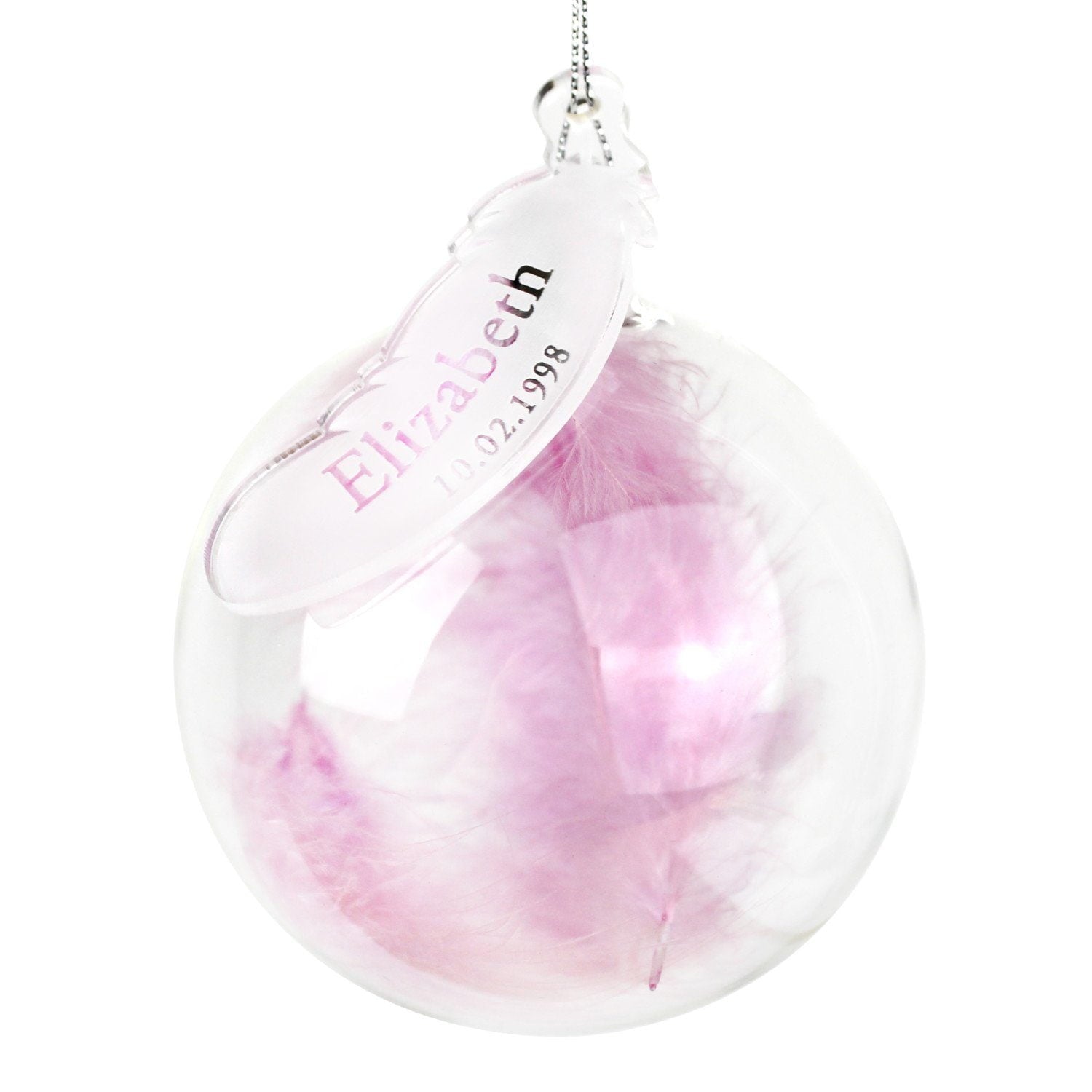 Personalised Name & Date Pink Feather Glass Bauble - Shop Christmas Baubles At Gift Moments - 2