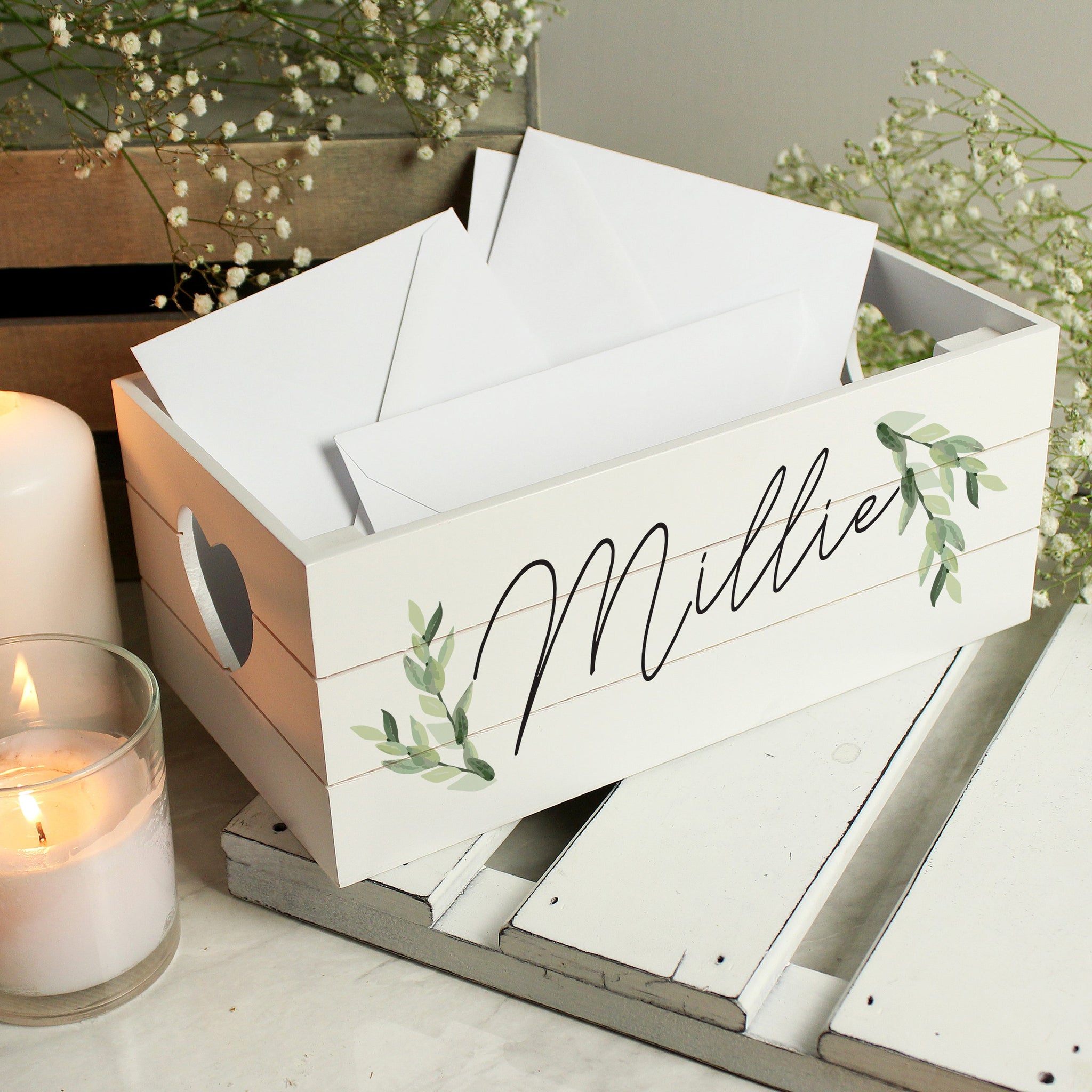 Personalised Name Only Botanical White Wooden Crate: 3 - Storage By Gift Moments