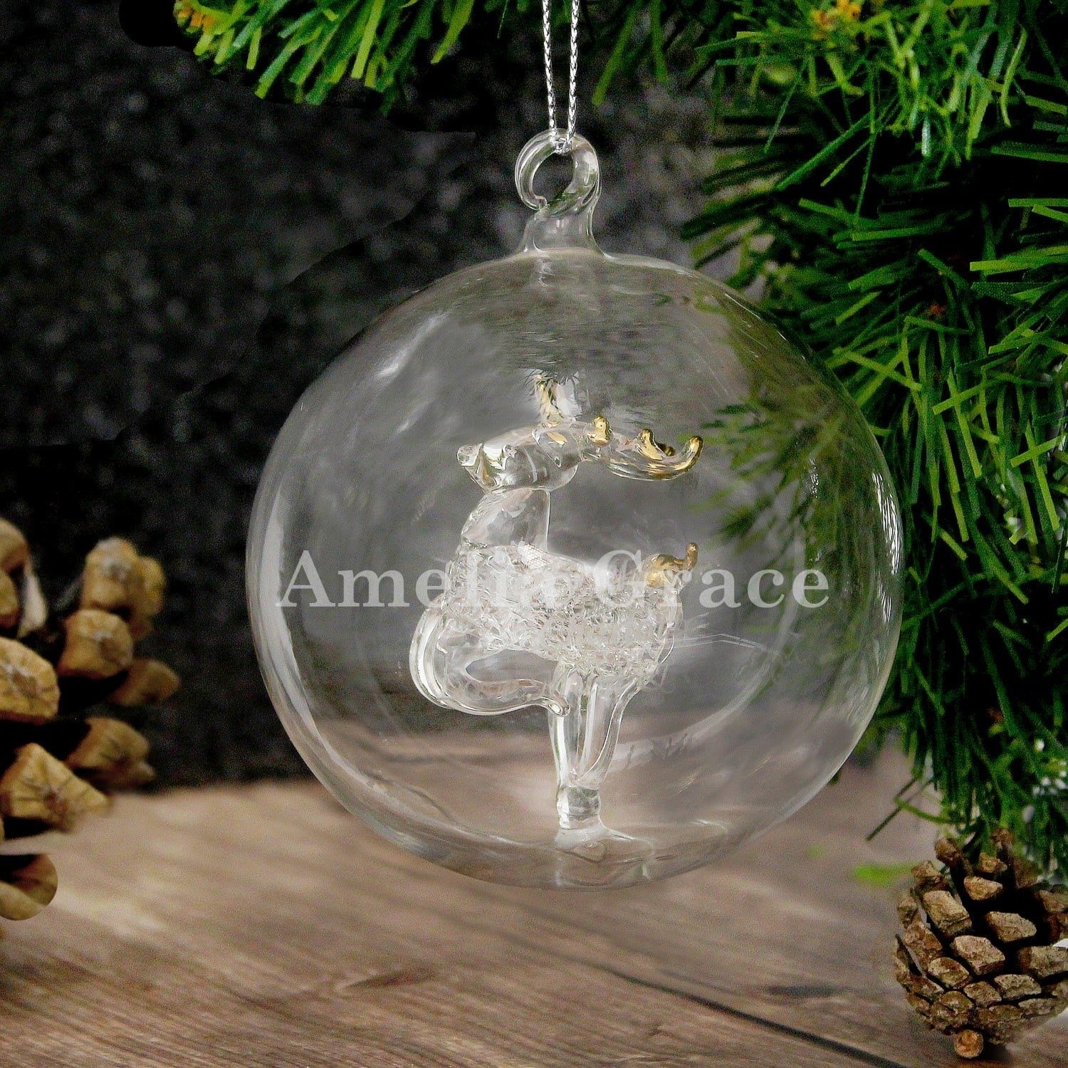 Personalised Name Only Christmas Tree Glass Baubles: 2 - Reindeer - Christmas Baubles By Gift Moments