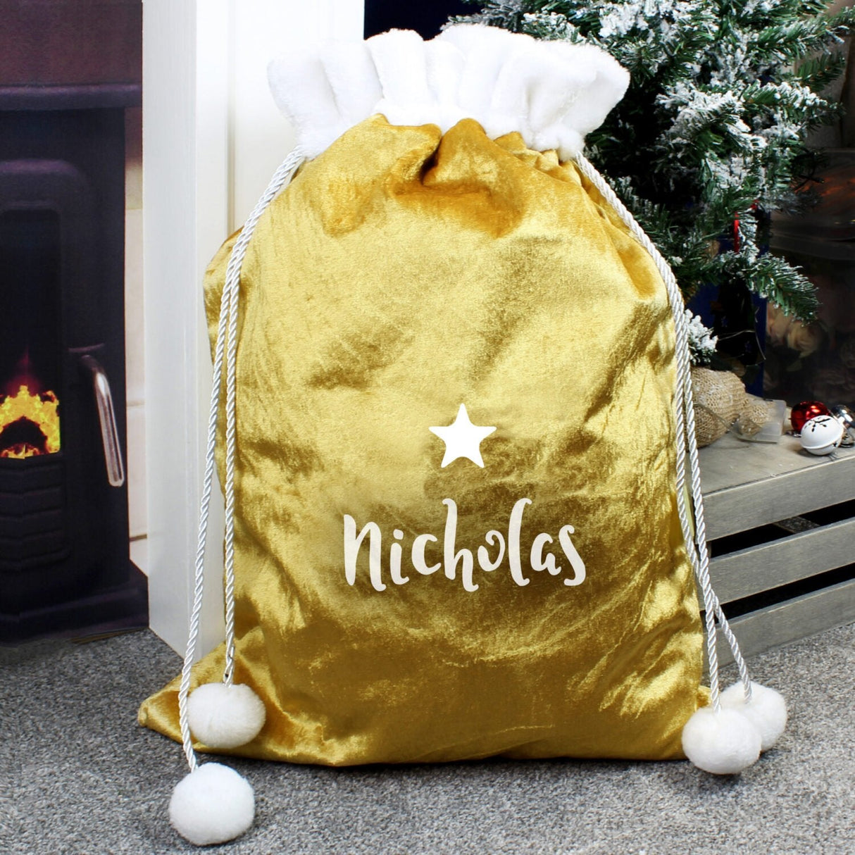 Personalised Name Only Gold Luxury Pom Pom Sack: 1 - Christmas Sacks By Gift Moments