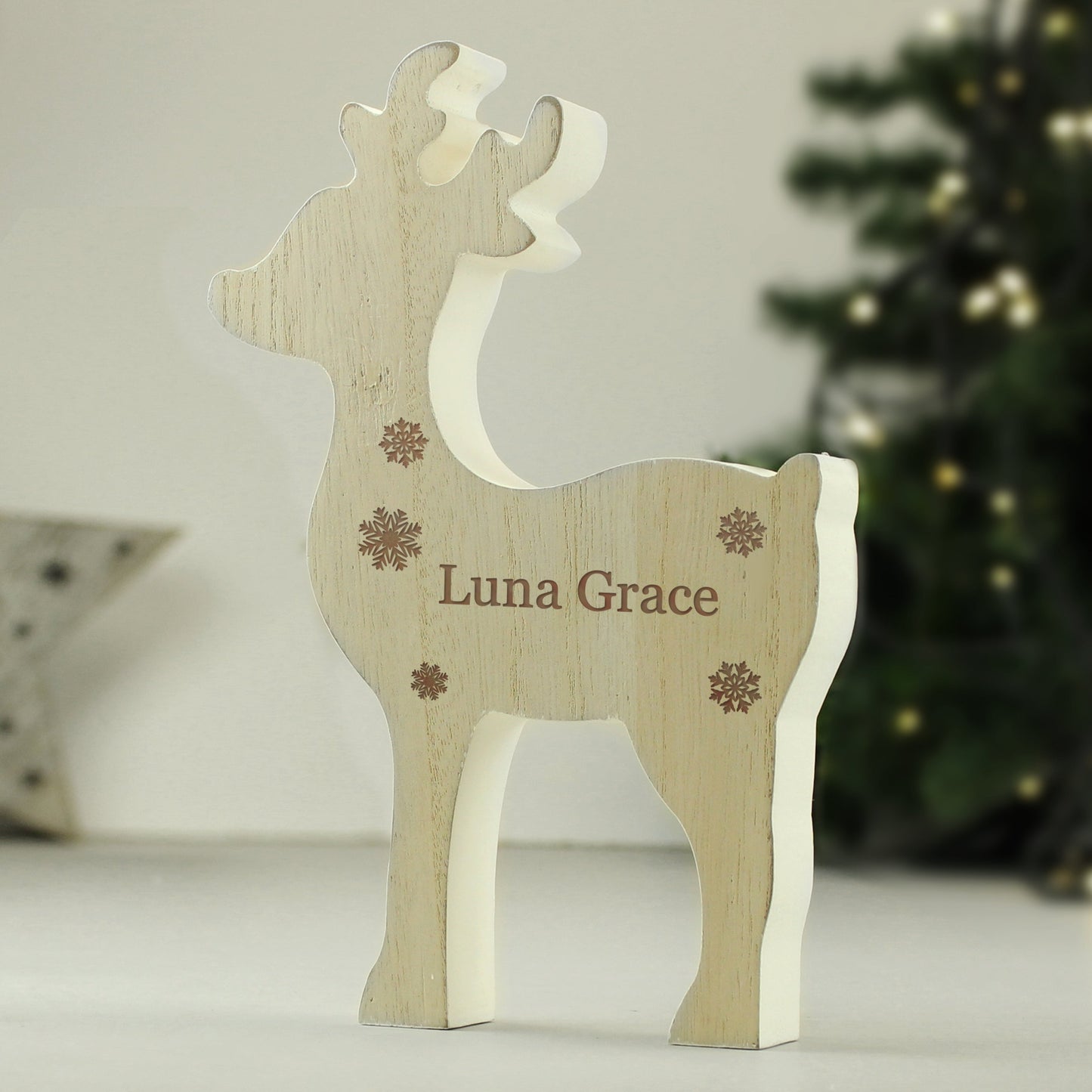 Personalised Any Name Rustic Wooden Reindeer Decoration: 4 - Christmas Decorations By Gift Moments