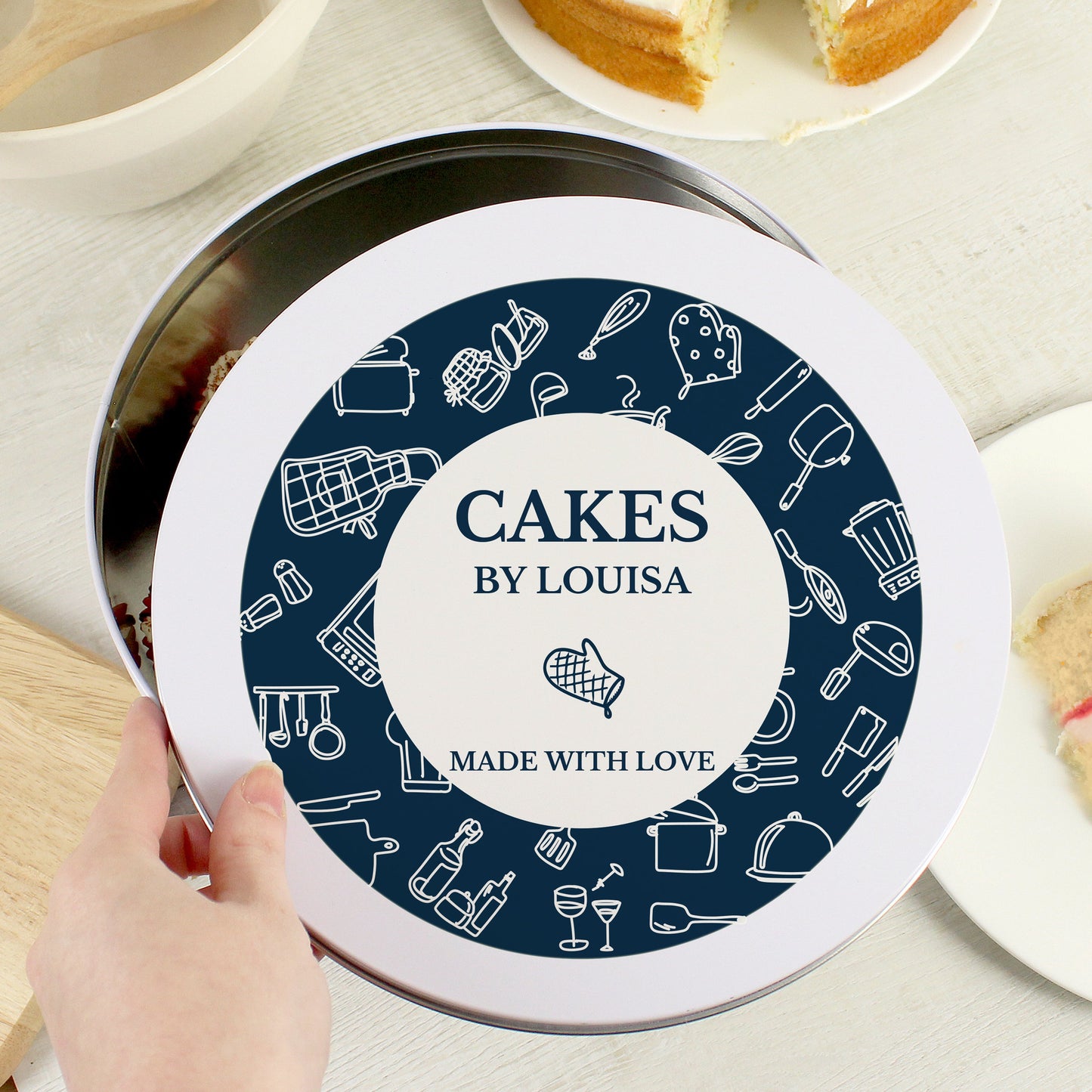 Personalised Navy Kitchen Design Cake Tin: 1 - Storage By Gift Moments